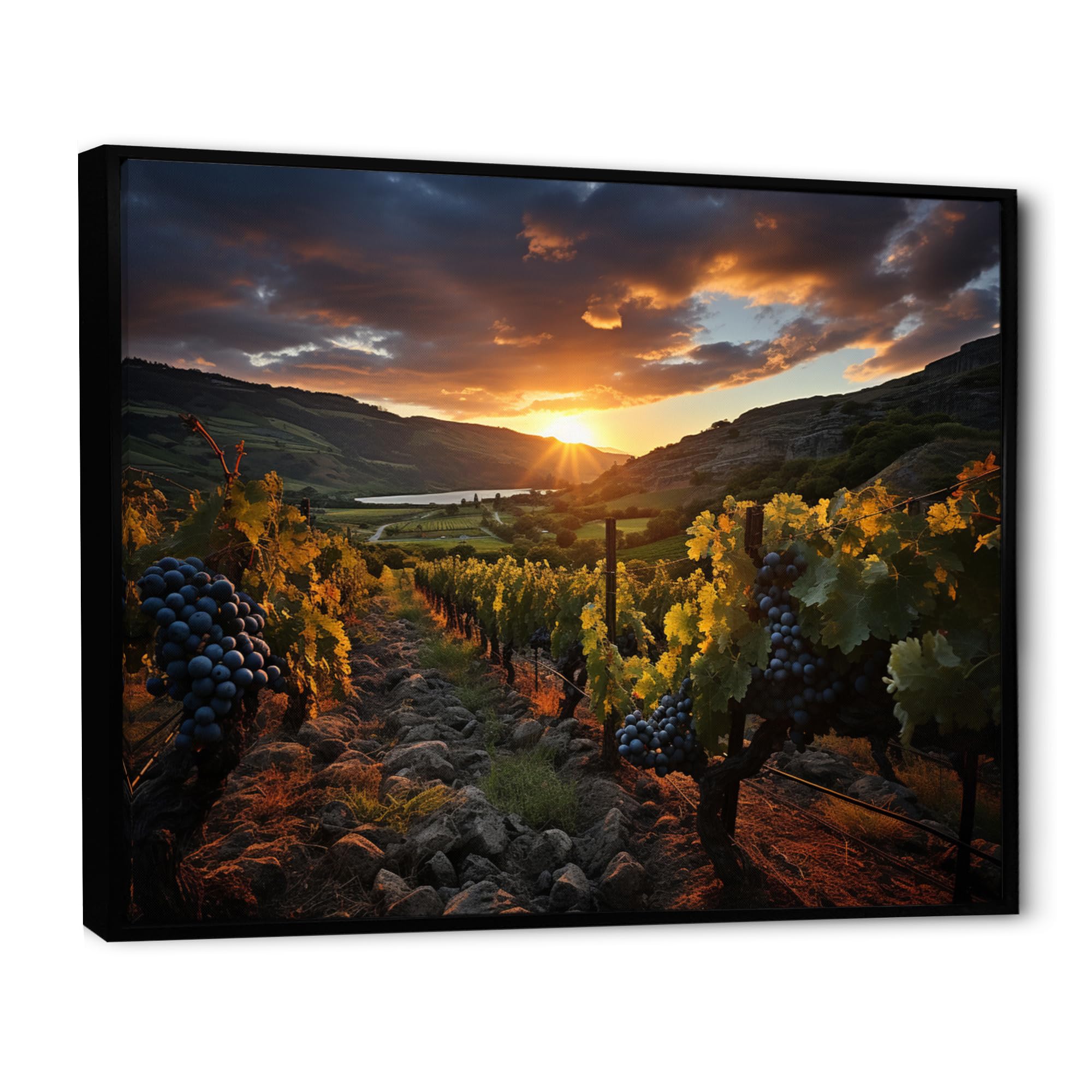 Vineyard framed wall Art, Impressive Vineyard Scenery, vineyard Large framed wall art decor, Brown Traditional black framed wall art, 40x30 inches