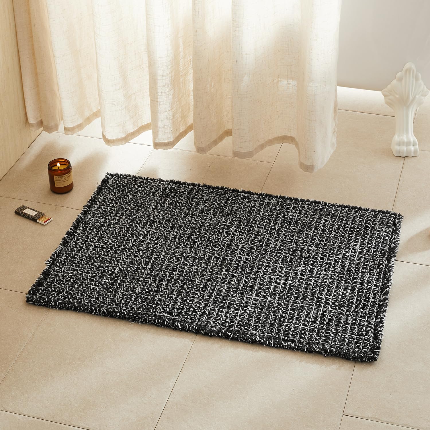 TYUU Waffle Bath Mat, Boho Bathroom Rugs Non Slip, 36x24 Black &amp; White
