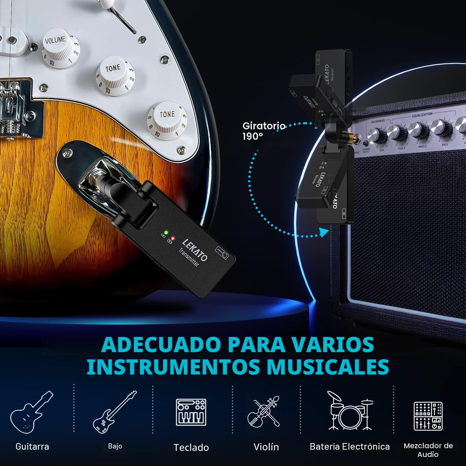 LEKATO Sistema inalámbrico de guitarra con caja de carga 2.4GHz Transmisor de guitarra inalámbrico Receptor Cable de guitarra inalámbrico Bajo Sistema de guitarra