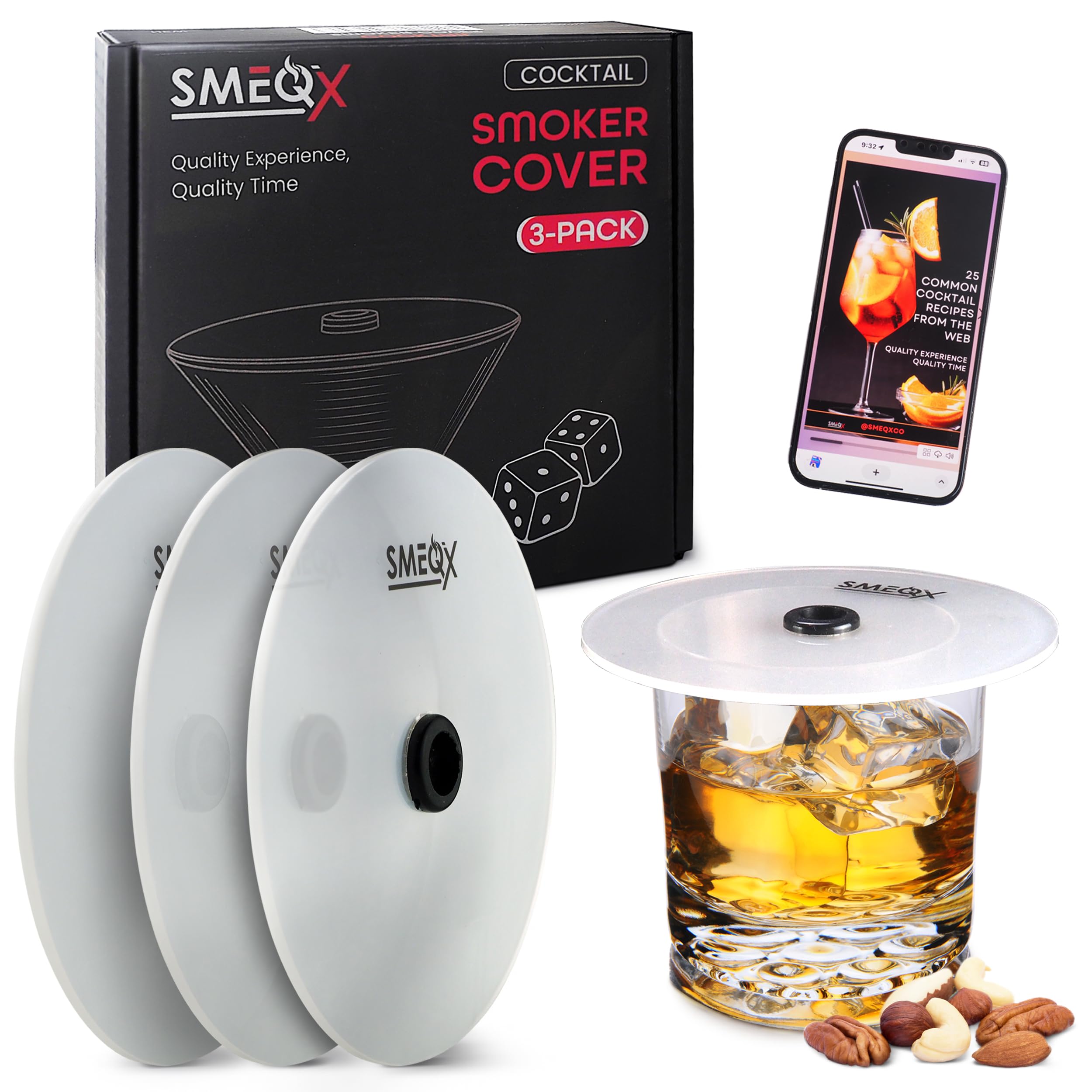 SMEQX 3-Pack Cocktail Drink Smoke Infuser Cup Cover ; X-large, X-thick Acrylic Glass, hygienic food-grade easy cleaning cocktail smoke infuser accessory add-on