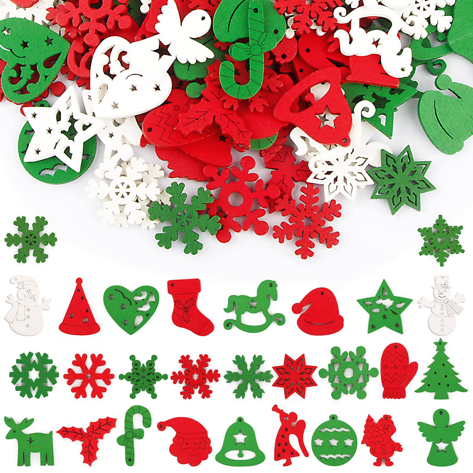 BETESSIN 150pcs Adornos Madera Navidad Pequeños Colores, Decoración Árbol Navidad Madera, Estrella Copo Nieve Madera Mini, Decoración Madera Navidad Pequeña, Madera Colgante Navidad Mini, Multi-Tipo