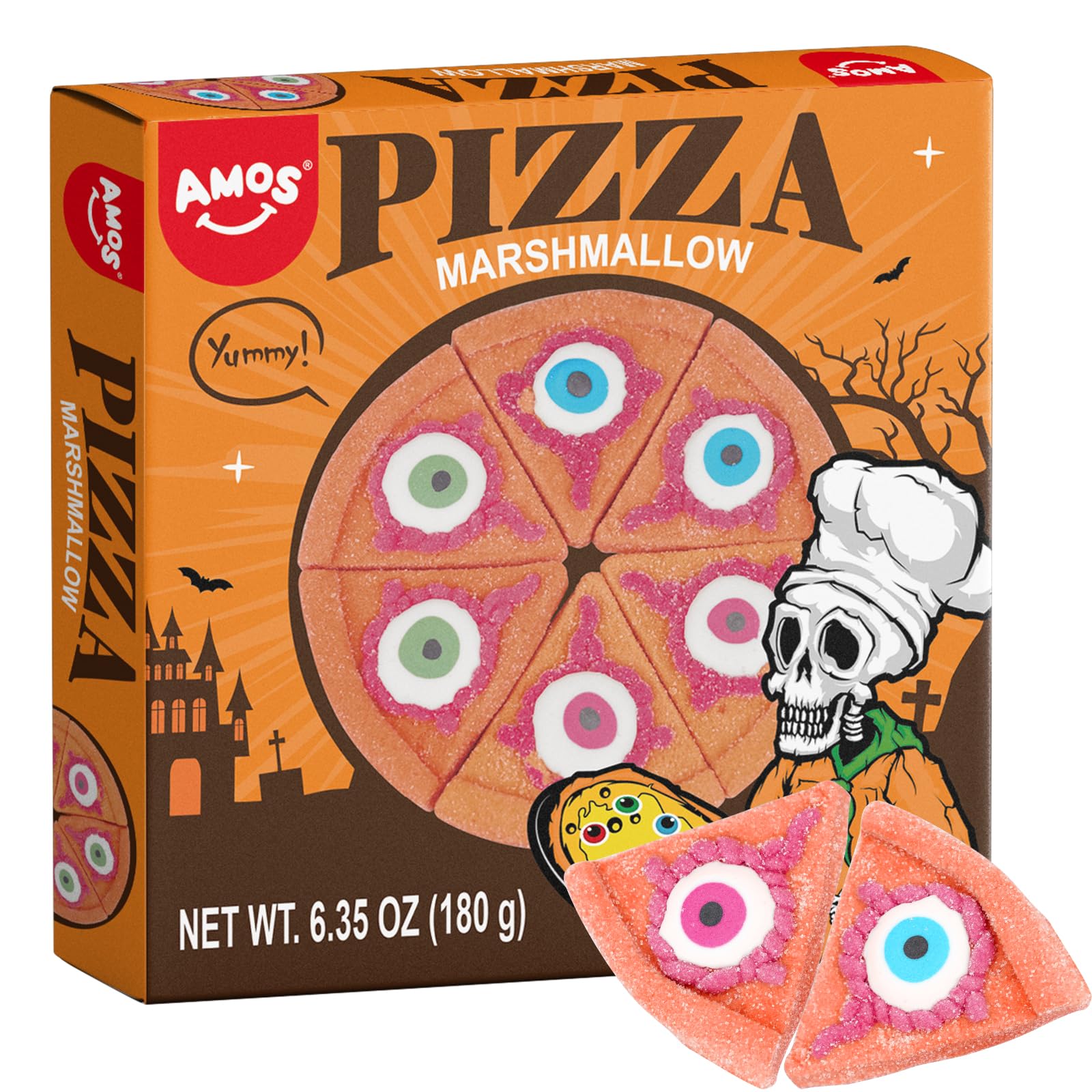 AmosHalloween Pizza Gummy & Eyeball Marshmallow Candy – Fun, Gross-Looking Treats for Kids, Parties, Birthdays & More – 180g Bag