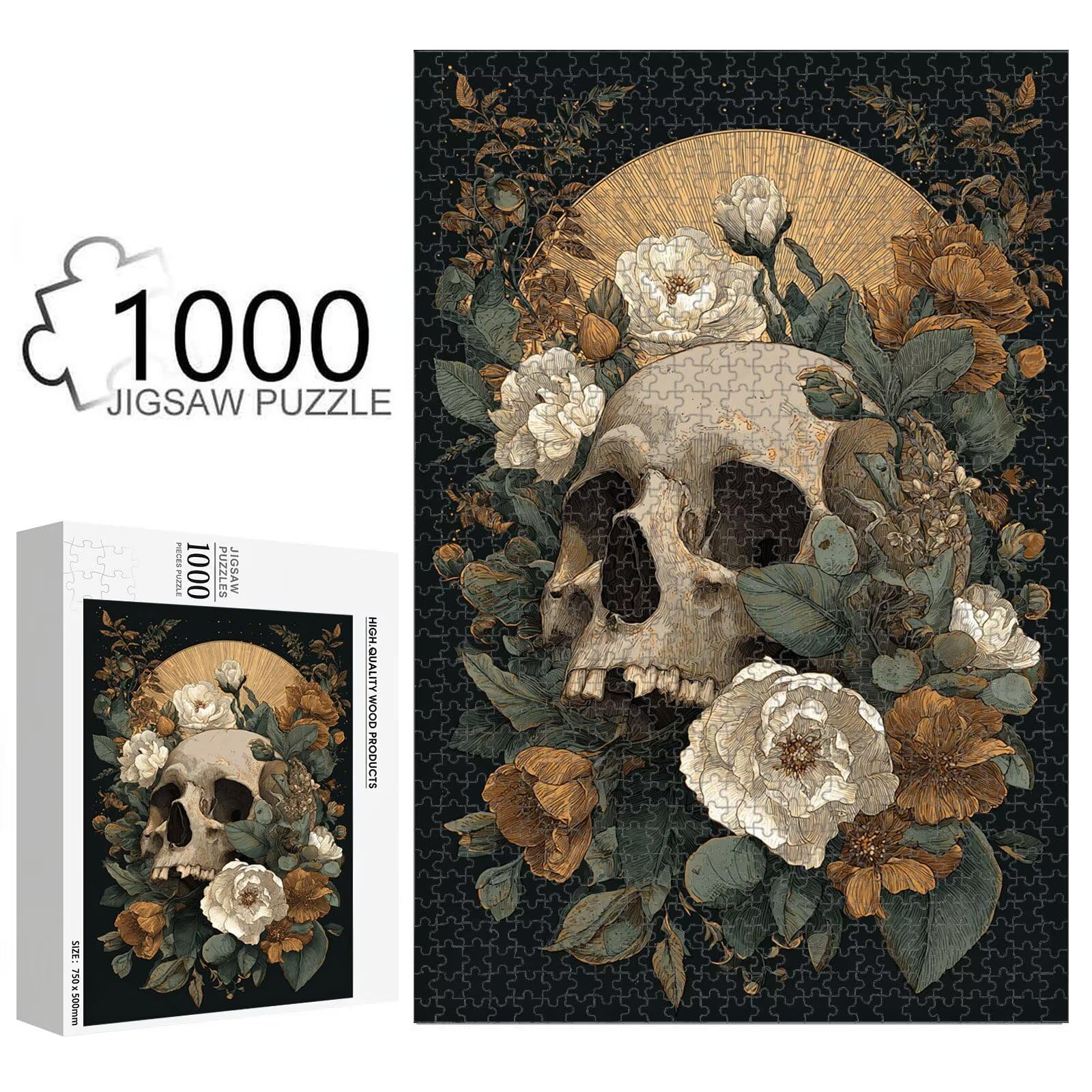 Puzzle 1000 elementów, gotyckie i kwiatowe trwałe drewniane puzzle 1T#1782 | Drewniane puzzle, precyzyjne cięcie, jasne atramenty, relaksujący wypoczynek, wystrój domu, prezent, 50x75cm