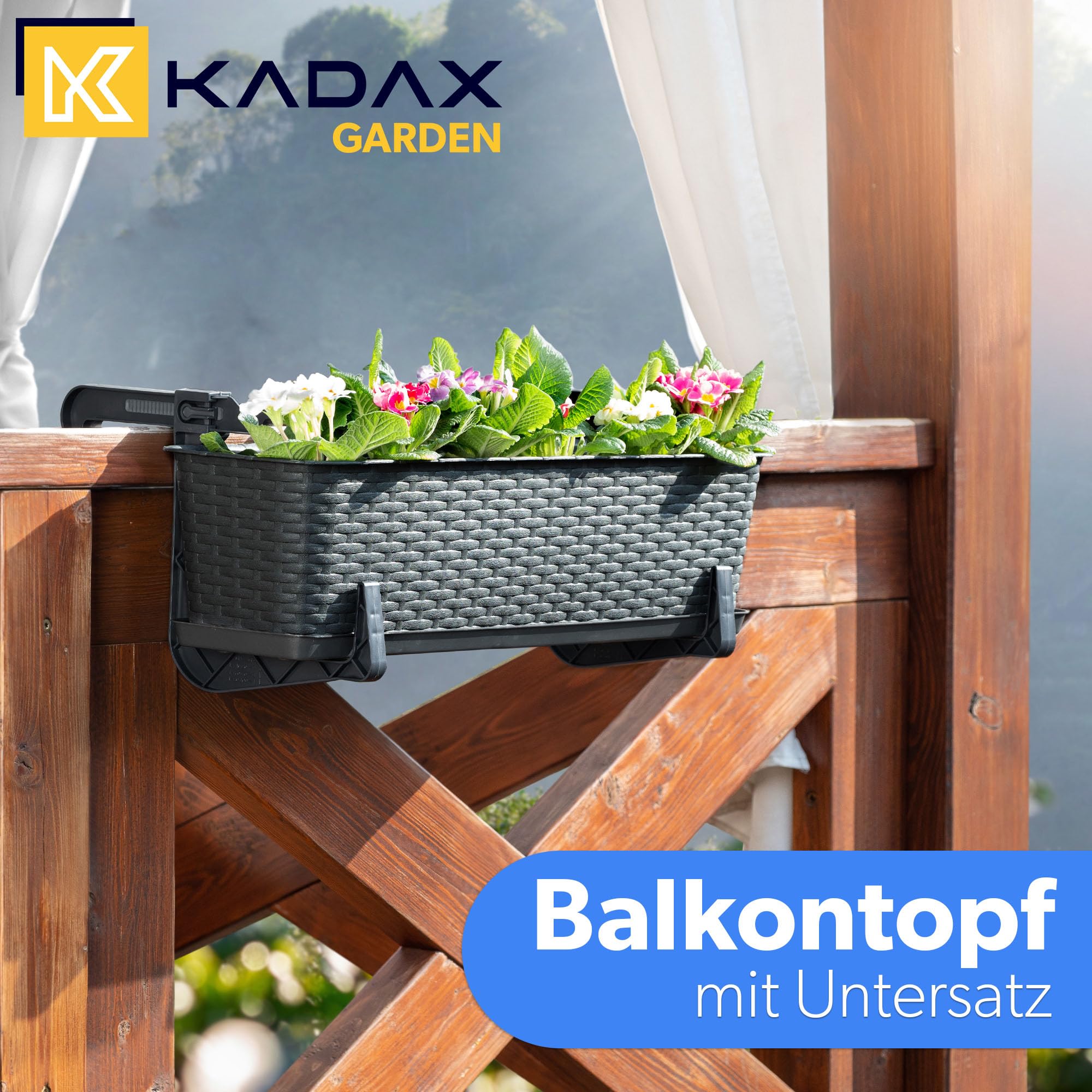 KADAX Blumenkasten 60 cm, ca. 12L Anthrazit mit Halterungen & Untersetzer, Rattan-Optik – Pflanzkübel für Balkon oder Terrasse, robuster Balkonkasten