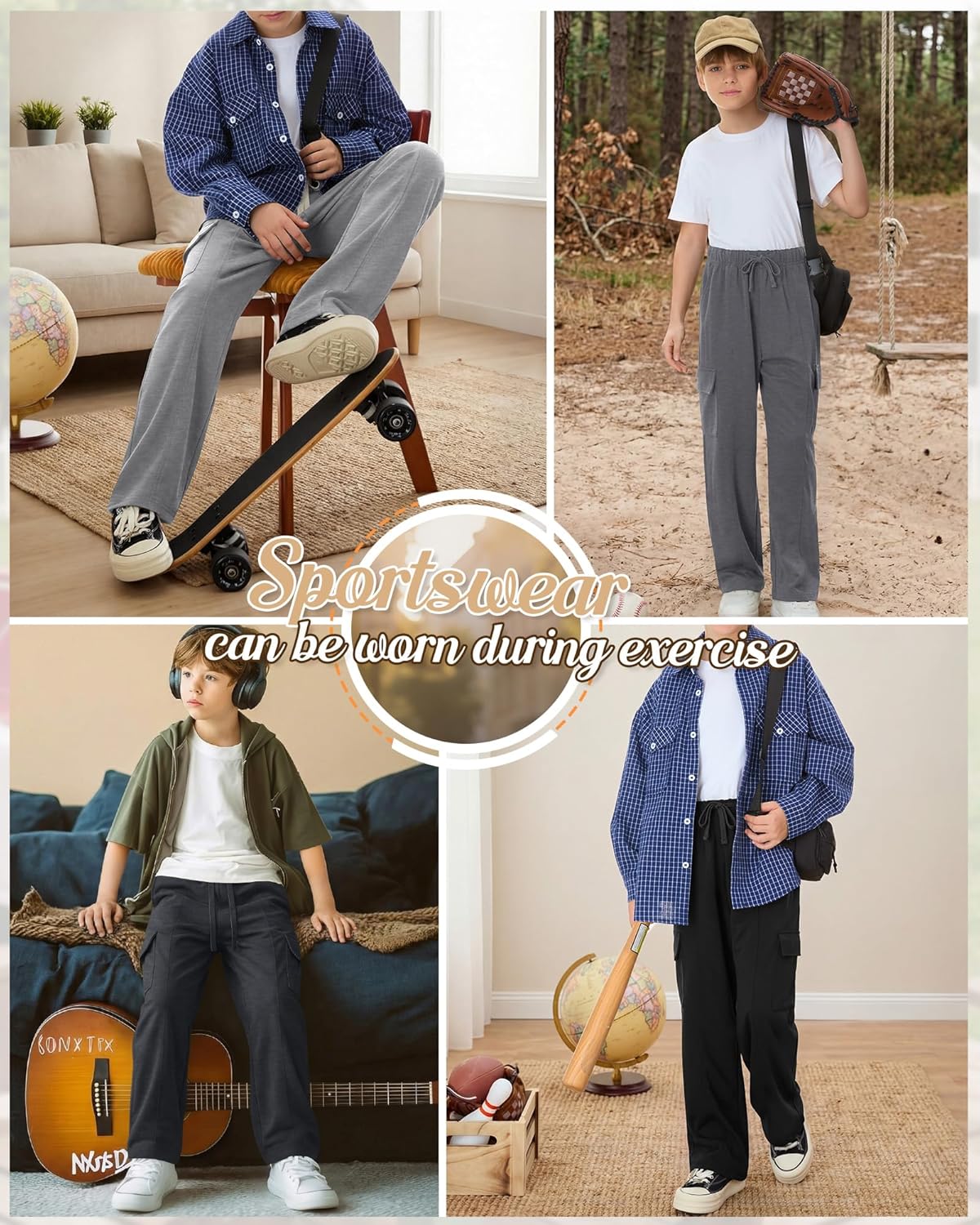 4 Pack Boy's Cargo Sweatpants Drawstring Elastic Waist Athletic Baggy Pants Casual Workout Joggers with 4 Pockets - Image 3