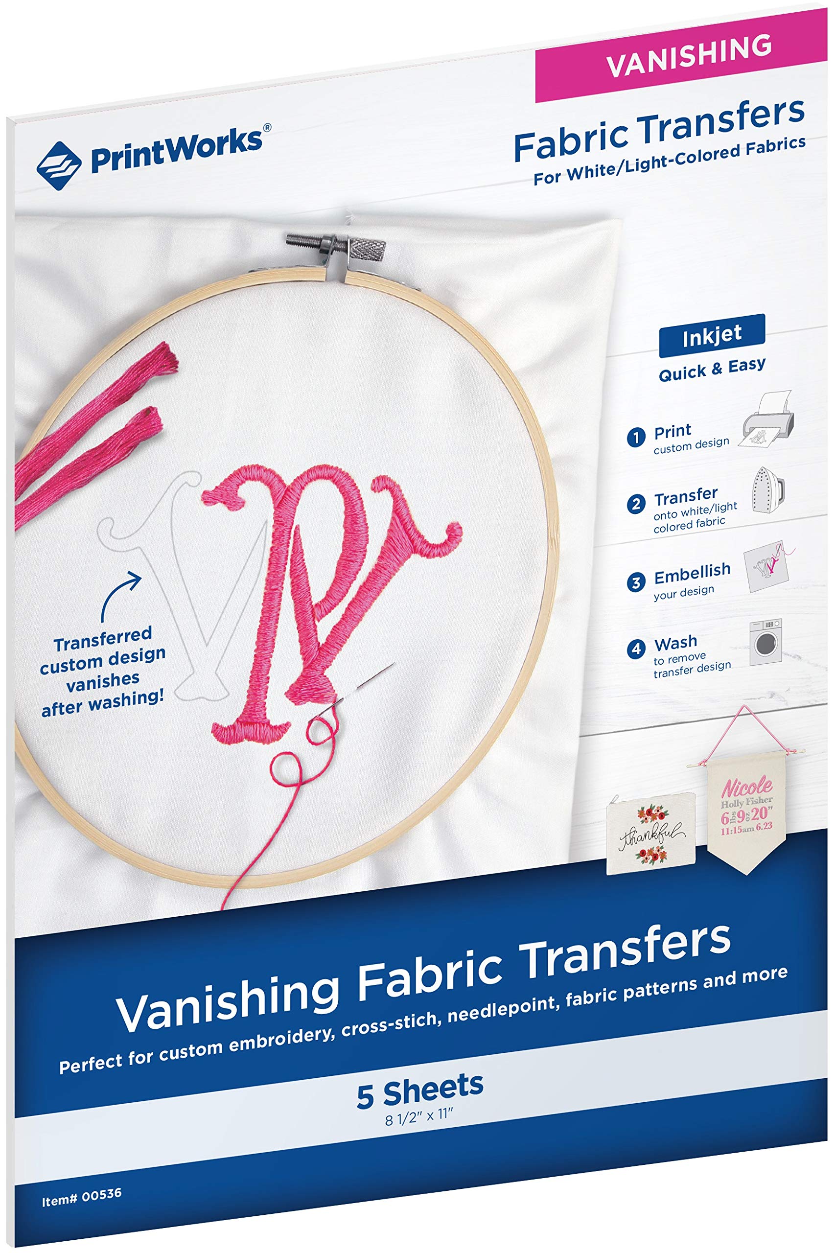 Print WorksPrintworks Vanishing Fabric Transfers, for White/Light-Colored Fabrics, 5 Sheets, Inkjet, 8.5 x 11 (00536)