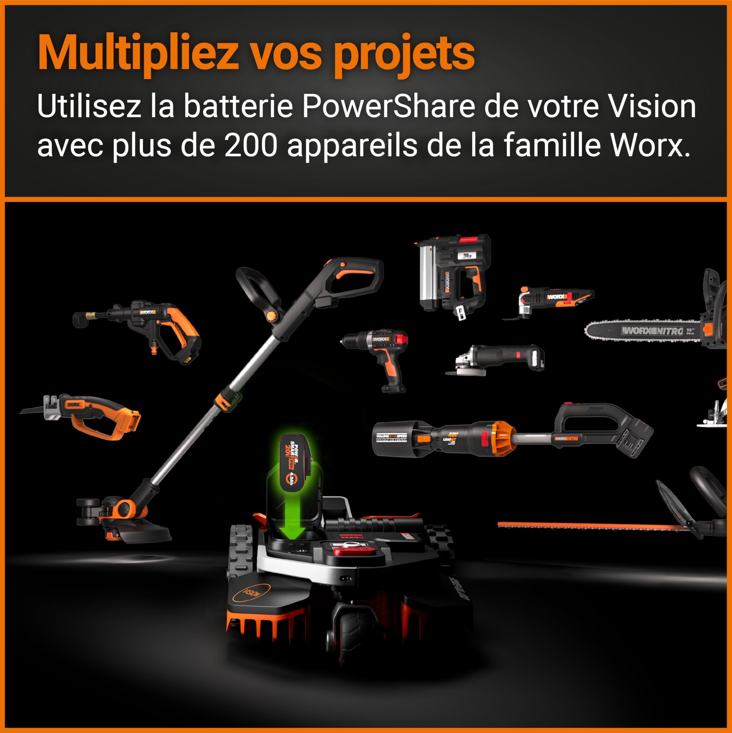 WORX LANDROID Vision WR206E.1, Robot Tondeuse sans Fil périphérique 600 m² Surf.Max 700 m², Installation en 30 Min, Caméra 4K + IA Adaptative, évite Tous Les Obstacles, Coupe des Bordures, Multizone