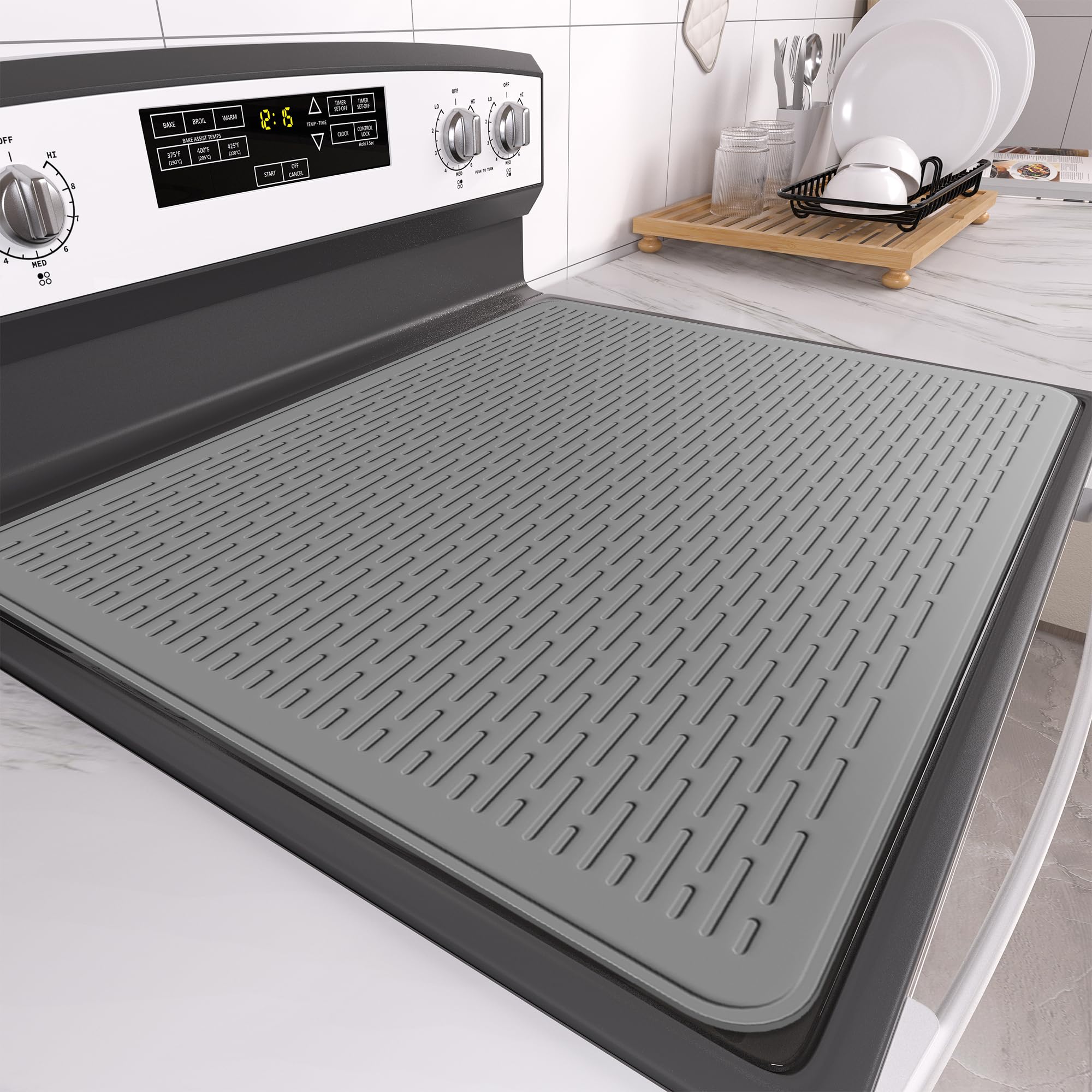 Stove Top Cover for Electric Stove- Range Covers for Electric Stove,Silicone XXL Dish Drying Mat, Glass Cooktop Covers, Flat RV Range top Mats (Gray, 28"x20")