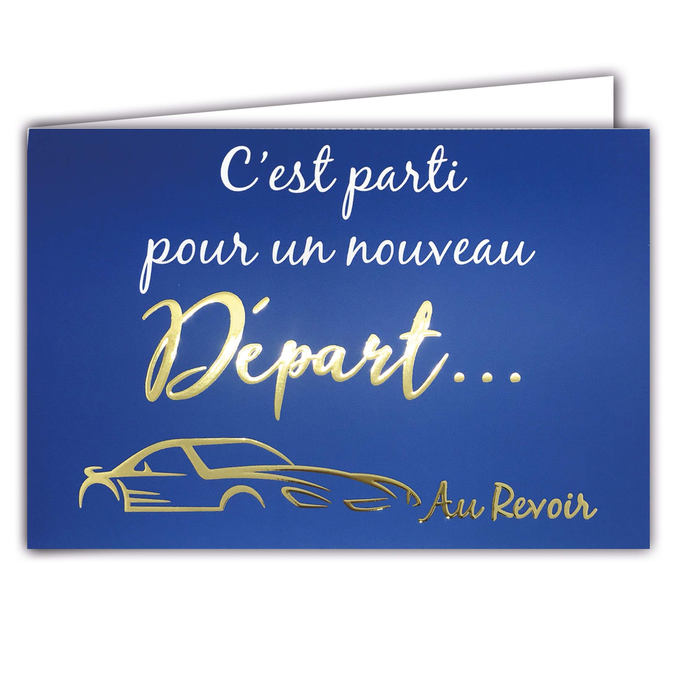 Afie 69-5102 Departure au Revoir Car Card in Shiny Gold Delivered with Envelope Closed Card Format 17 x 11.5 cm Blue Background