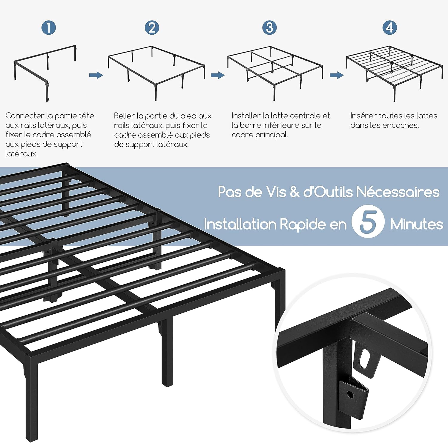 Four-step diagram illustrating the quick, screw-free assembly process of the Yaheetech metal bed frame.