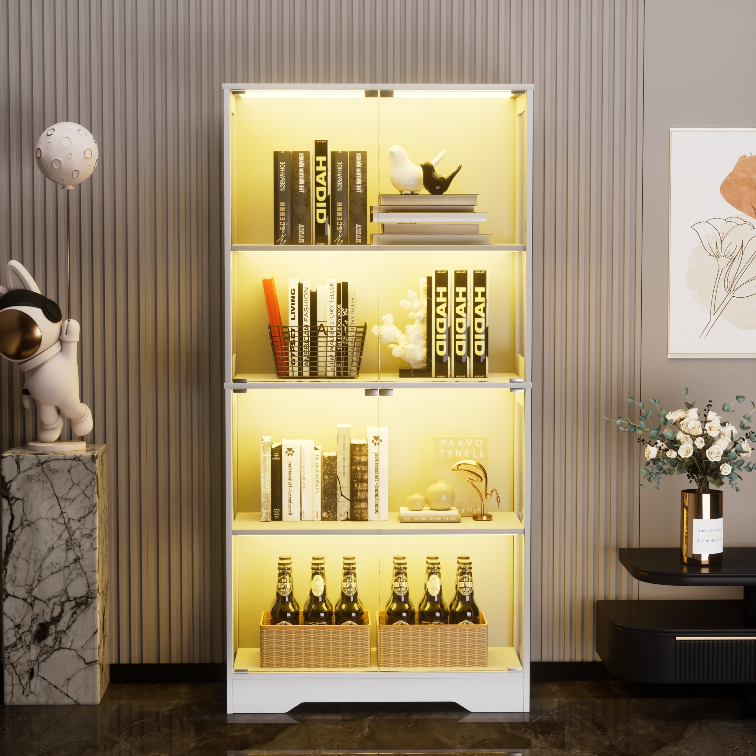 STAPERFO Vetrina in vetro con illuminazione a LED e sensore di movimento, 80 x 35 x 165 cm, bianco, vetrina a quattro piani con ante in vetro, vetrina in vetro antipolvere per soggiorno, vetrina per