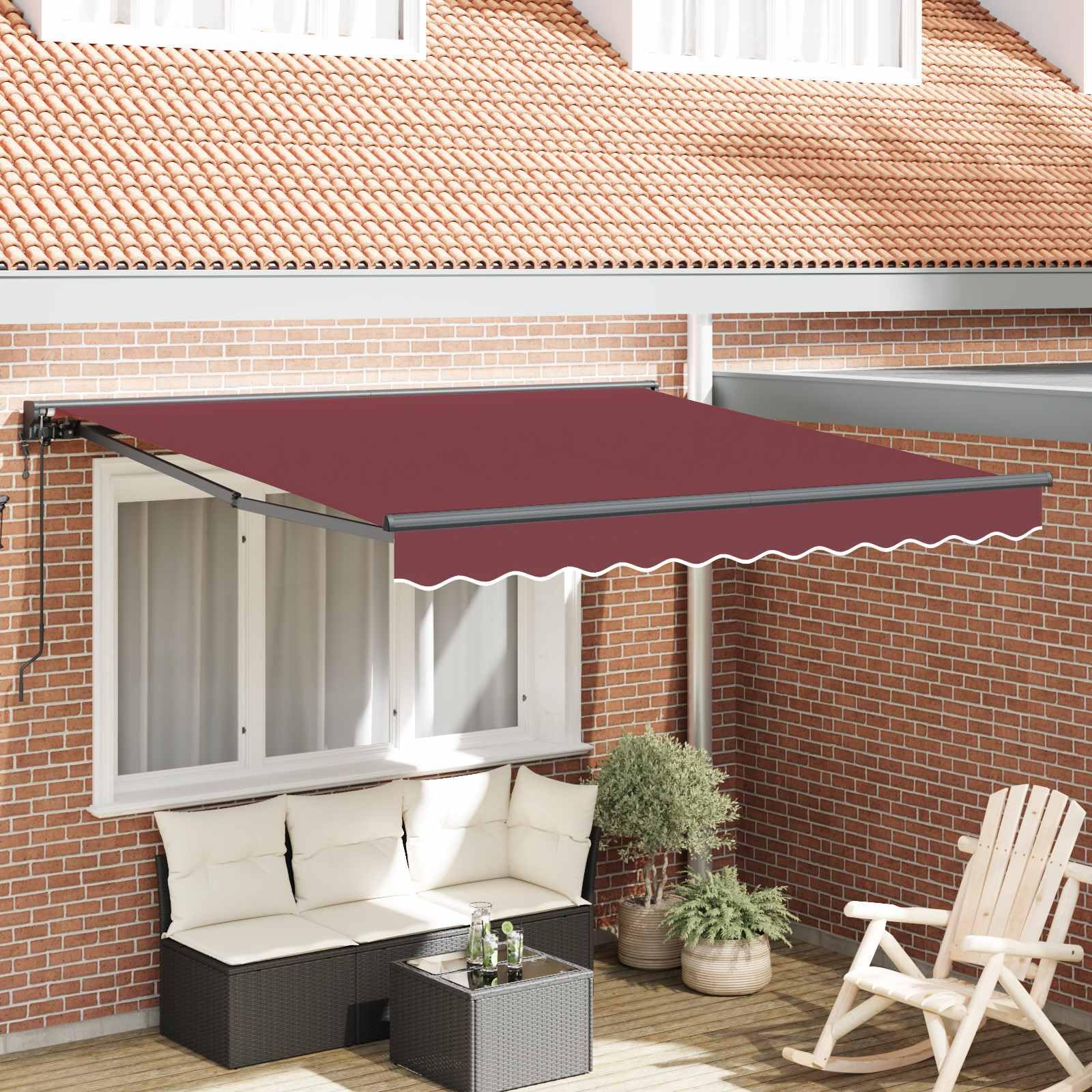 Tenda da sole retrattile con braccio articolato bordeaux 350 x 250 cm in tessuto poliestere rivestito in PU, manovella manuale e telecomando, struttura a semicassetta per terrazze e giardini.