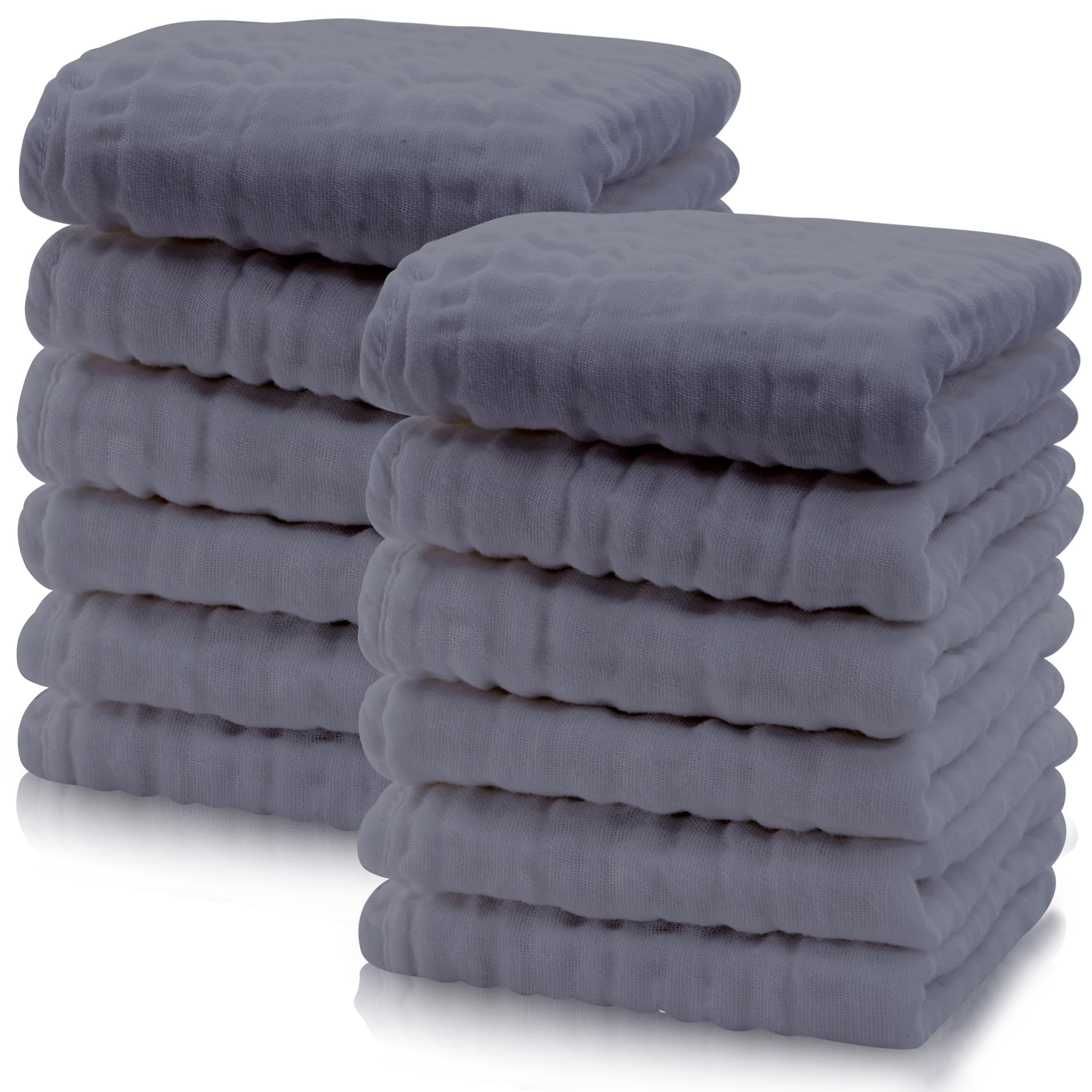 Cute Castle 12 Pack Muslin Baby Washcloths - Large 12'' by 12'' - Ultra Soft 100% Cotton - Super Absorbent Burp Cloths for Unisex, Boy, Girl -Grey