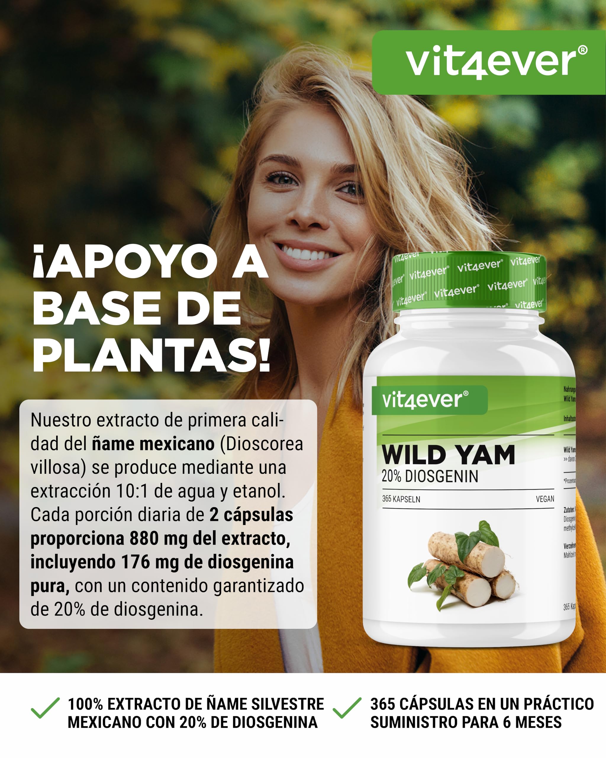 Wild Yam Root Extract - 365 cápsulas - Original Mexican Wild Yam Root - Altamente dosificado con 880 mg de extracto (incluyendo 176mg de diosgenina) por dosis diaria - Vegano