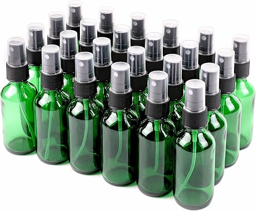 Botella de vidrio verde de 2 onzas, botellas de vidrio Boston de niebla fina con pulverizador de niebla fina negra, botellas pequeñas transparentes