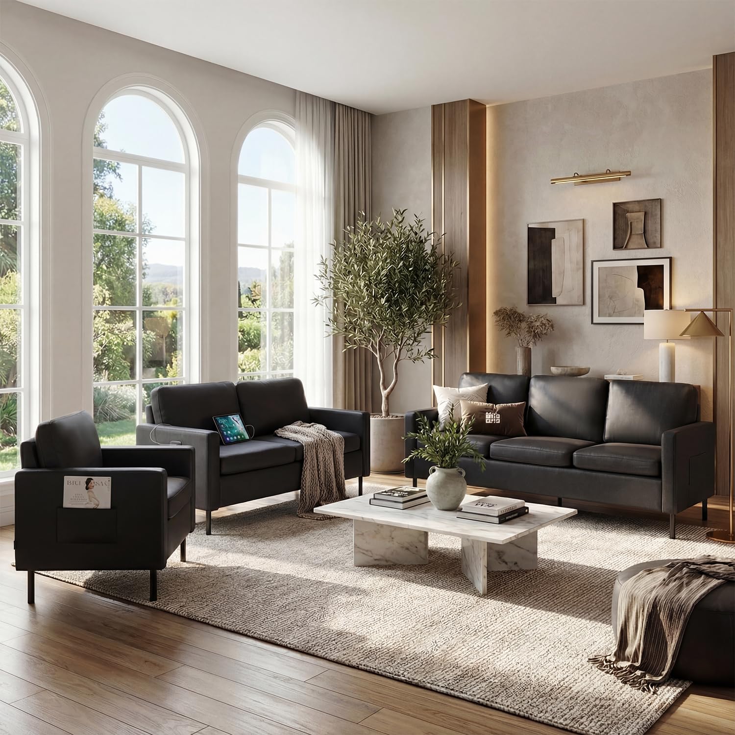 Modern 3-Piece Living Room Set, 72" Black Faux Leather Couch 56" Loveseat