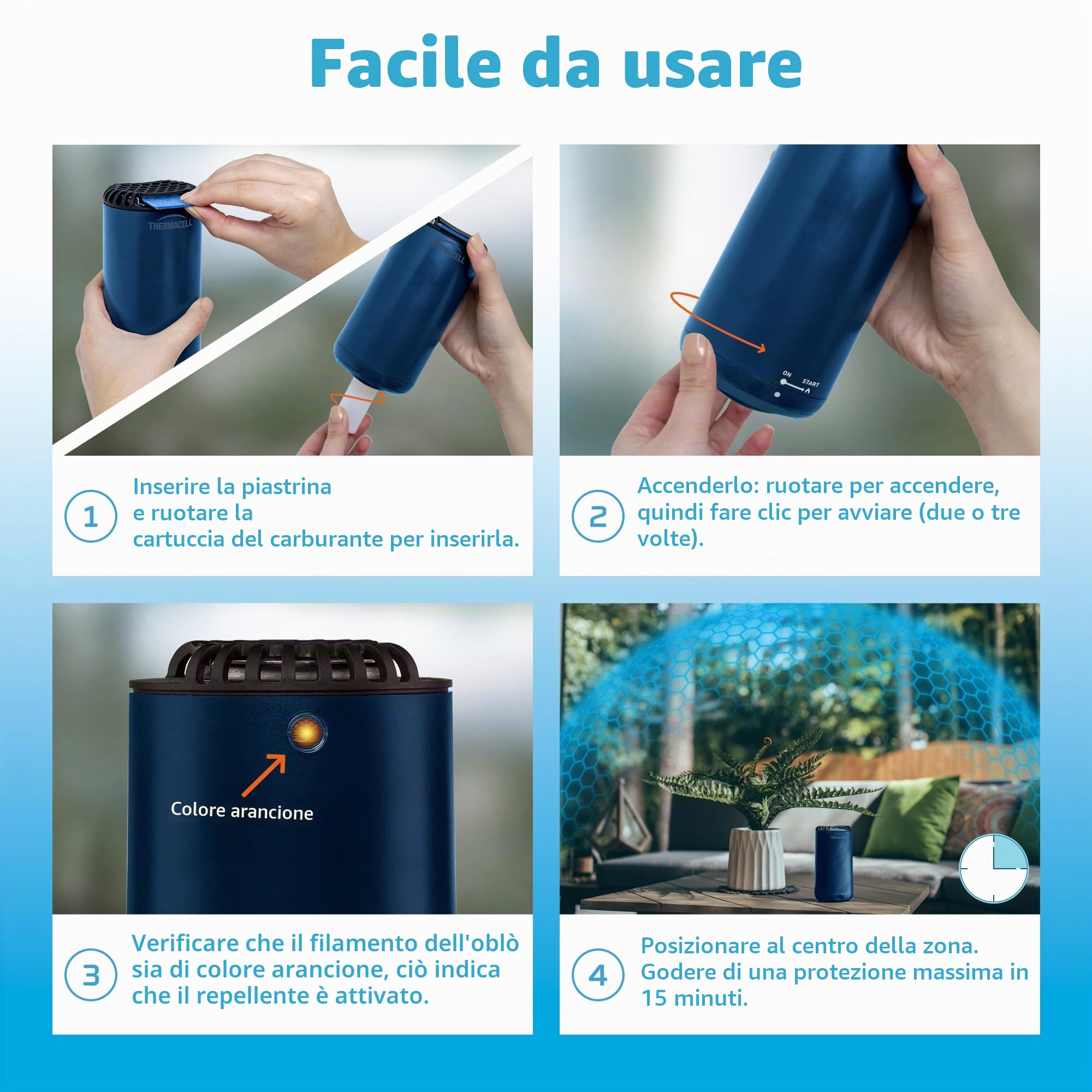 Thermacell - Confezione diffusore blu + ricarica 48 ore | Fino a 60 ore di utilizzo | Anti zanzara e zanzara Tigri | Area di protezione 20 m² | Effetto rapido | Inodore | Blu