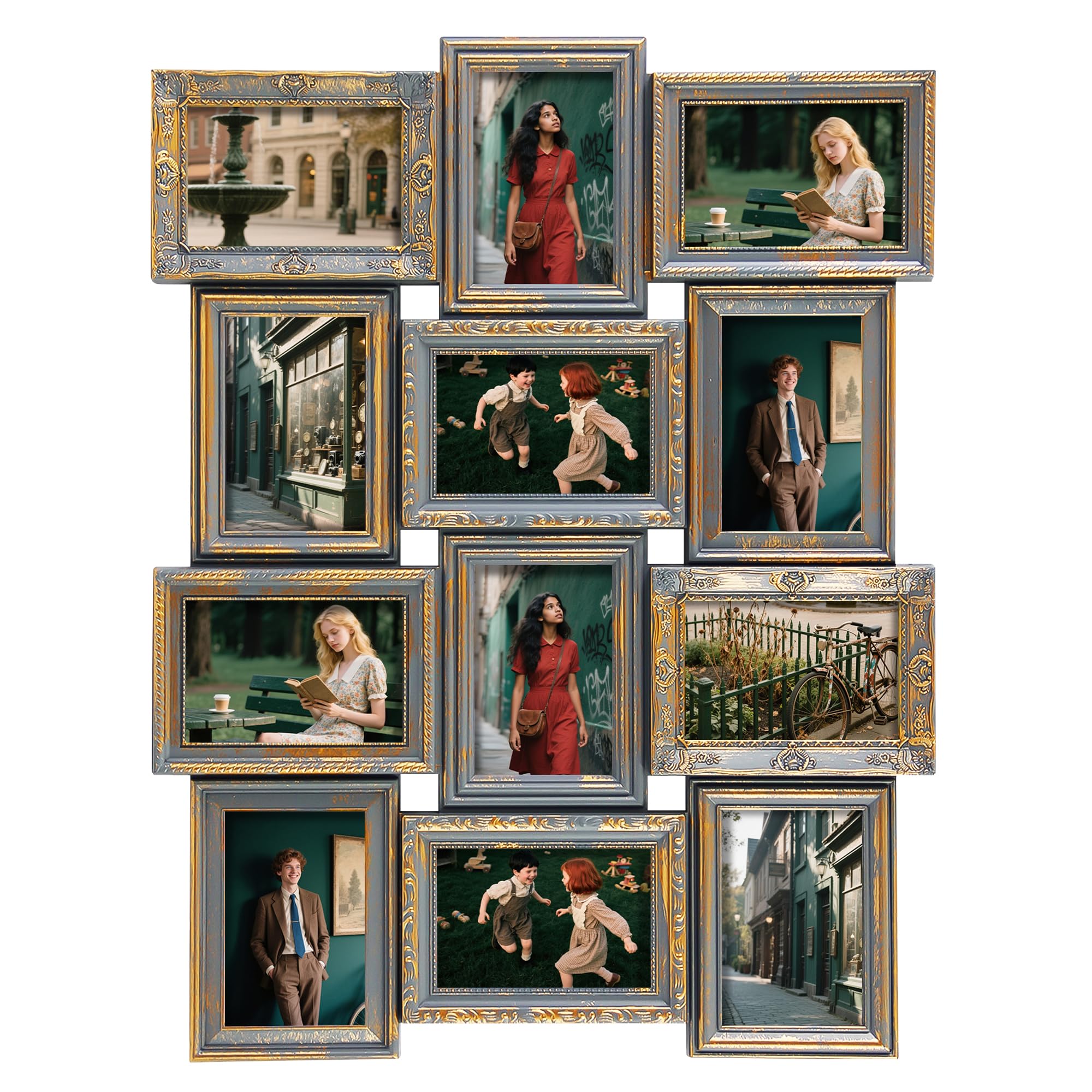 Jerry & Maggie 12 Opening Collage Photo Frame Rustic 23×18 Vintage Embossed Finish PVC Picture Frames Selfie Gallery Collage Wall Hanging For 6×4 Photo, Vintage