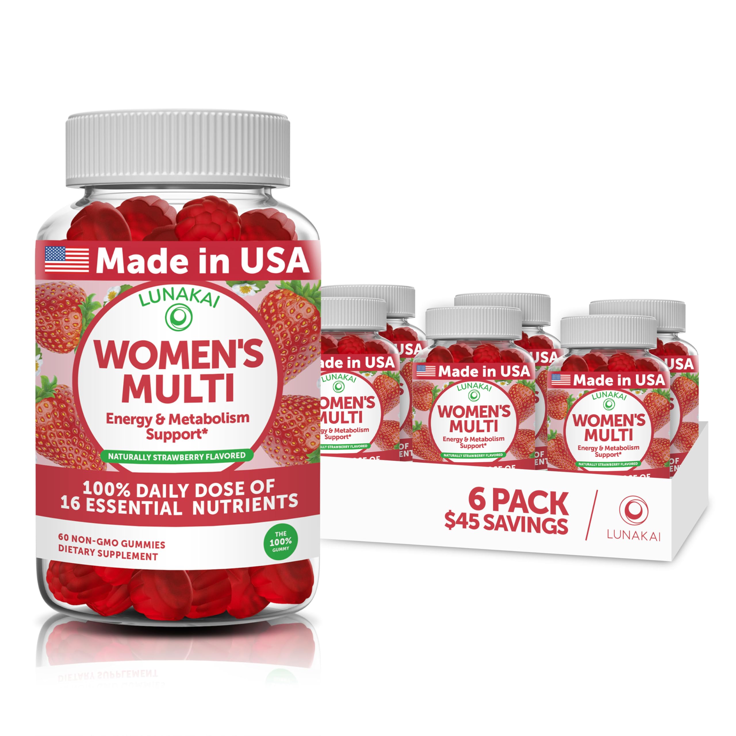 Lunakai USA Made Womens Multivitamin Gummies - Delicious Daily Dose with 16 Multi Vitamins for Women - Energy & Immune Support, Non-GMO - 6 Pack