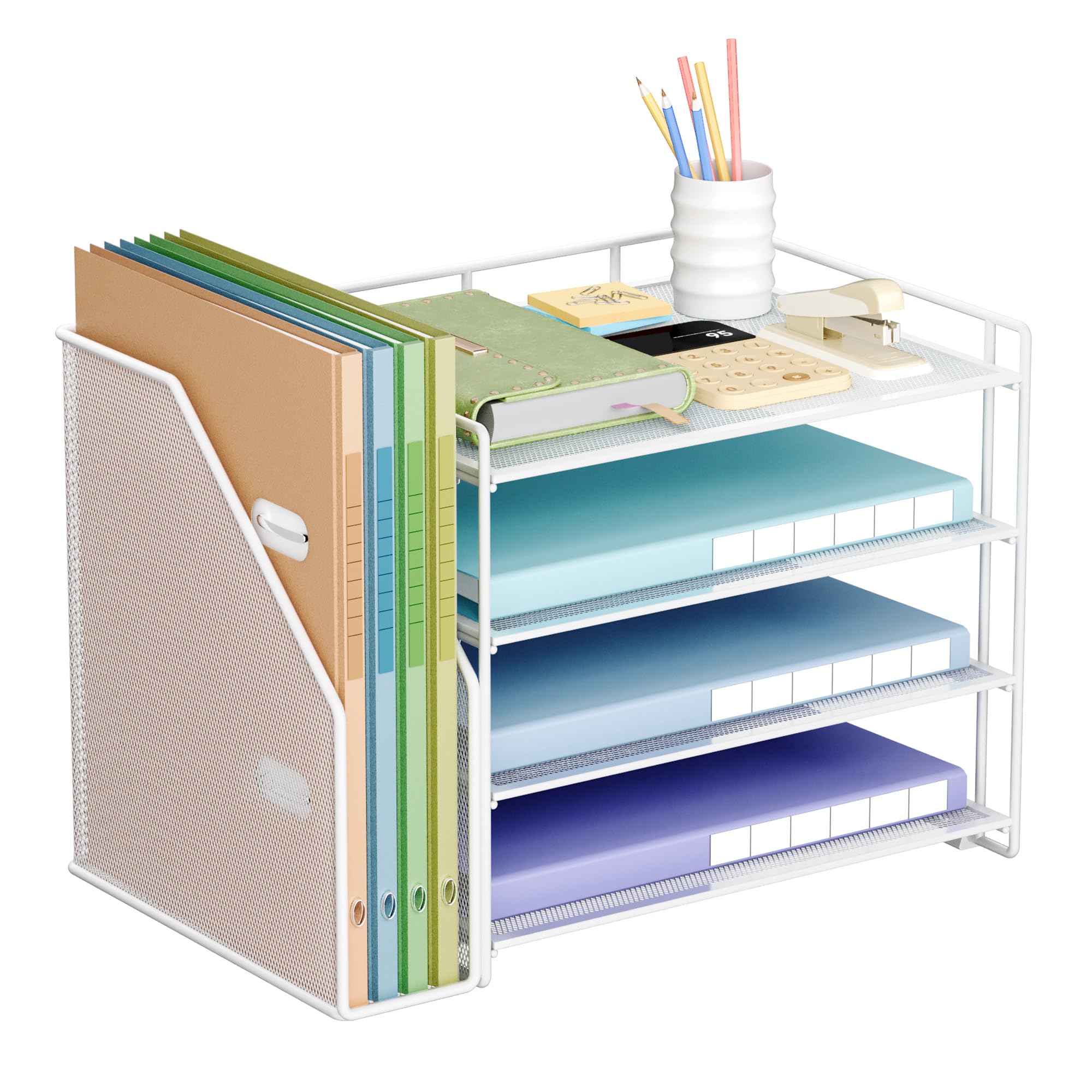 VITVITI Organizador de Escritorio, Bandeja para Cartas de 4 Niveles, Soporte para Archivos con Coleccionista de Pie, Organizador de Oficina para Archivador de Documentos A4, Revistero - Blanco