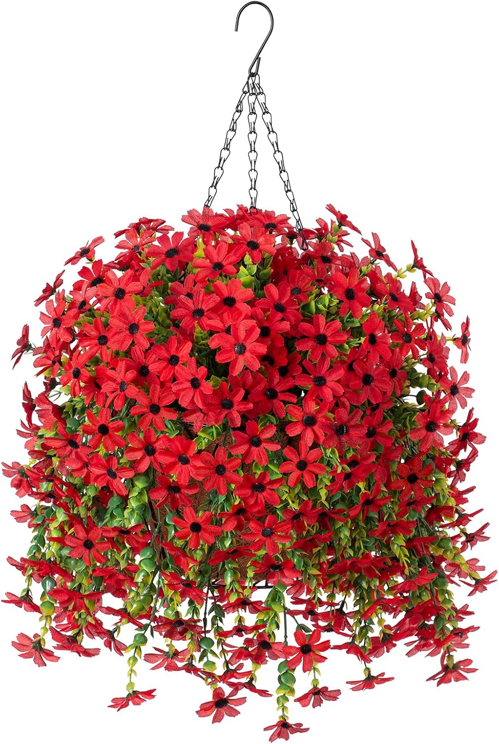Artificial Fake Spring Hanging Flowers Plants with Basket Outdoor Flower Decor, Faux Silk Colorful Daisy in Metal Coconut Lining Pot Plastic Shrubs Decor Farmhouse Home Garden (Red Purple)