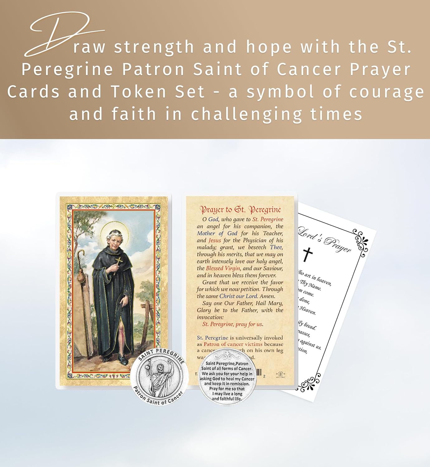 St Peregrine Prayer Card - Laminated Saint Peregrine Holy Card, Pocket Token, The Lord's Prayer - Patron Saint of Cancer Cards, Catholic Tokens Set - 5 Items Total - Image 2