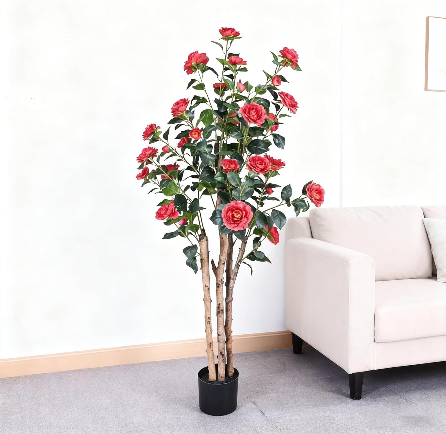 Decorative Artificial Camellia Tree with Realistic Blooming Red Flowers, 5FT Potted Fake Tree for Indoor Home Decor, Faux Camellia Plant for Front Door