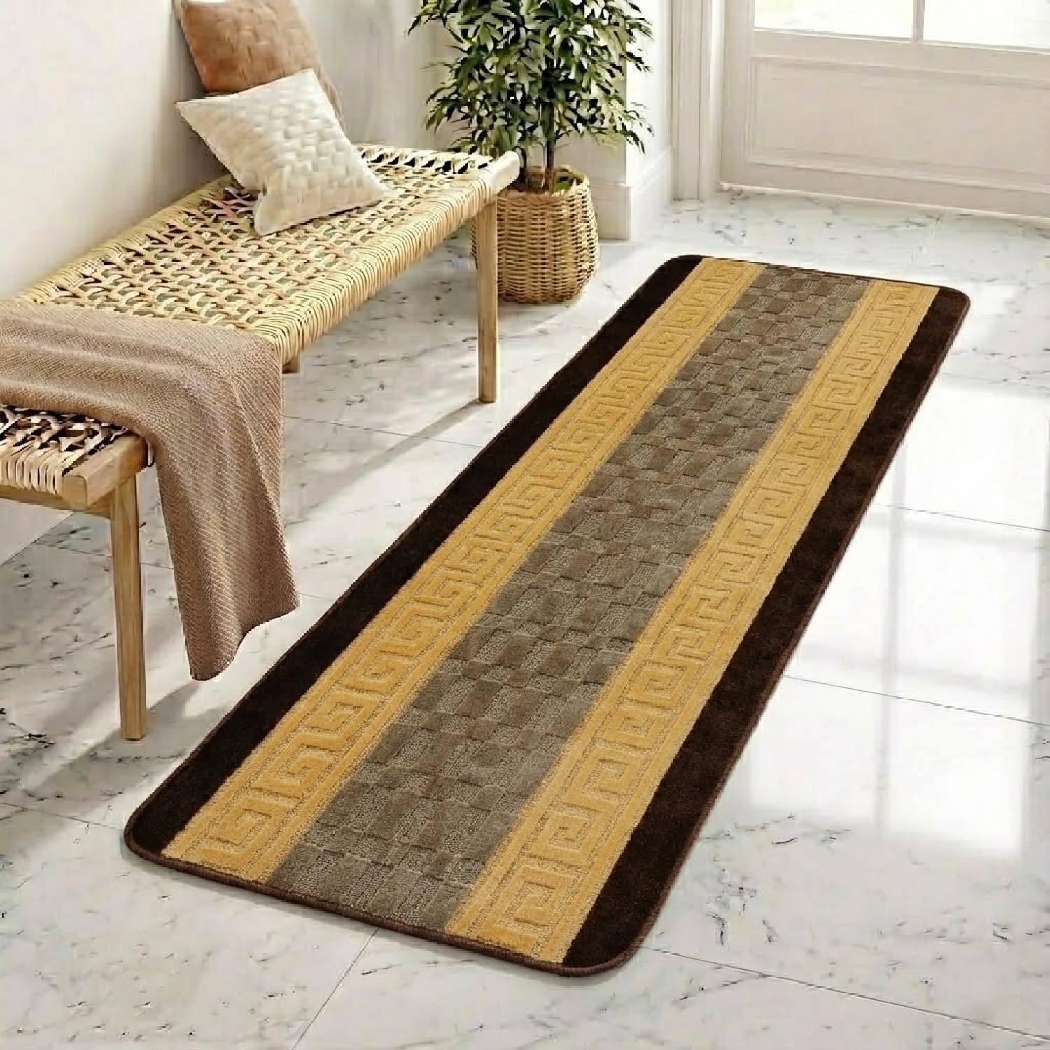 PHP Carpet Runners for Hallways Non Slip Long With Gel Back - Marble Rug Washable Low Pile Rug, Kitchen Runner - Ideal For Living Room, Bedroom, Lounge And Hall |60 x 220 cm - Brown Beige — image 1