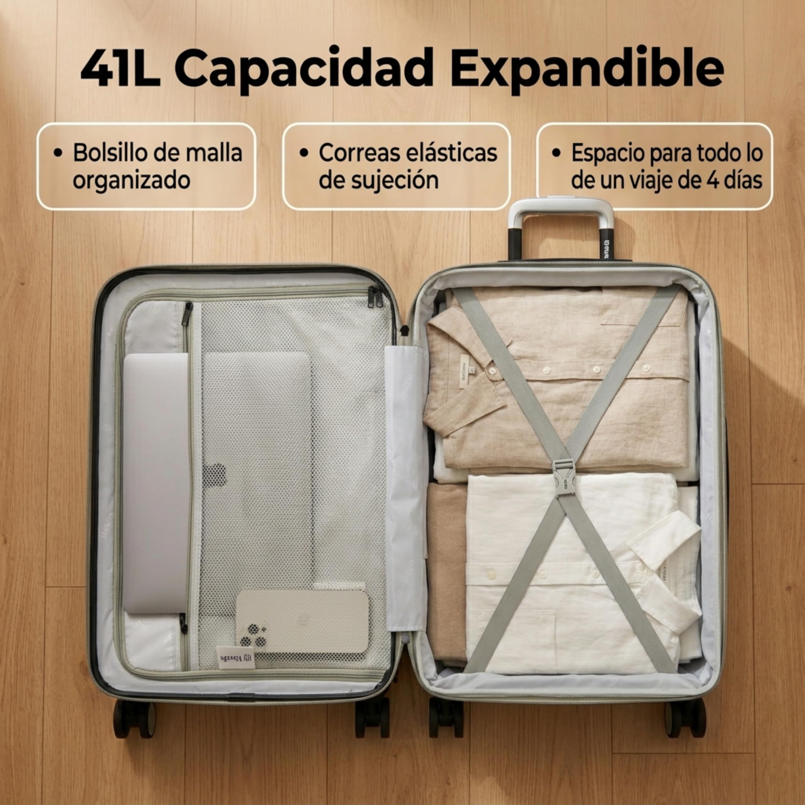 Maleta de Cabina 55x40x20 cm Expandible, Equipaje de Mano Rígido ABS Ligero 41L, Cerradura TSA, 4 Ruedas Dobles 360°, Compatible con Ryanair, Vueling y EasyJet, 2,8 kg – Color Taupe