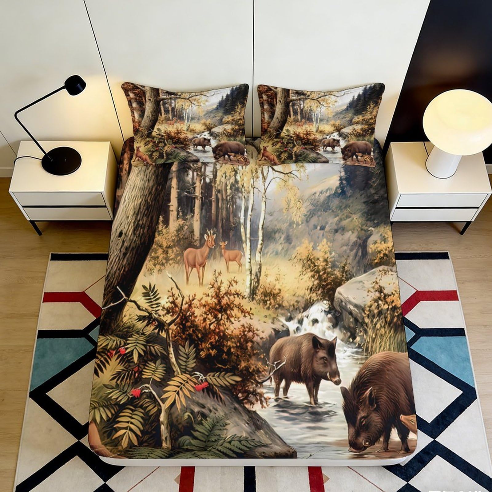 3D Printed Forest Deer Fitted Sheet Microfiber Soft Woodland Wild Boar Mattress Cover Bedroom Dorm Protection Decor 90x200x25cm
