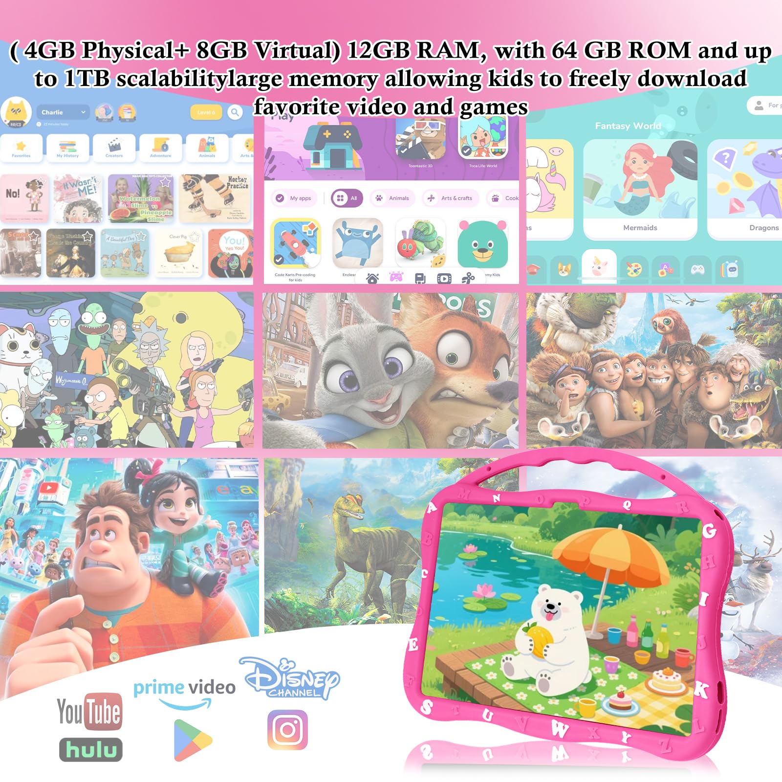 MengDash Tablet per bambini, tablet da 10,1 pollici per bambini, tablet educativo per bambini Android 14, 12 GB di RAM+64 GB di memoria ROM, WiFi 5G, per bambini 3-10 (rosso)