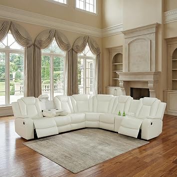 White Leather Sectional Recliner Living Room Set, Power Reclinier sectional Sofa Set with LED Light/Reading Light/Cup Holders, Leather Reclining Sectional Couch Set for Living Room