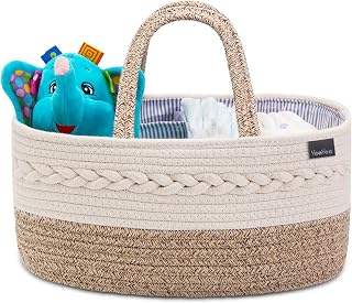 YeaYeeDirect Baby Diaper Caddy Organizer - Portable 100% Cotton Woven Rope Basket with Removable Dividers, Nursery Car Tote & Newborn Gift