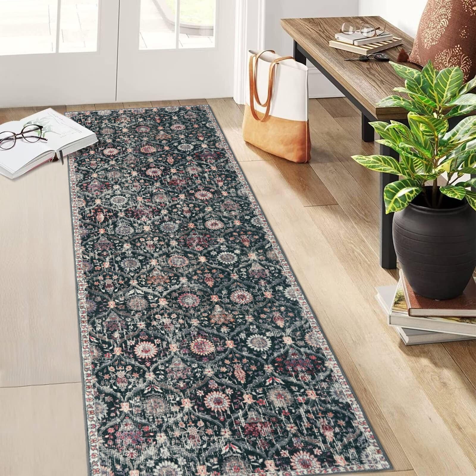 Lahome Moroccan Trellis Washable Runner, 2.5x8 Non-Slip Runner Rugs with Rubber Backing, Ultra-Thin Foldable Bathroom Runner Rug Washable Boho Rug for Entryway Laundry Bedroom (Black/Multi,2.5x8ft)