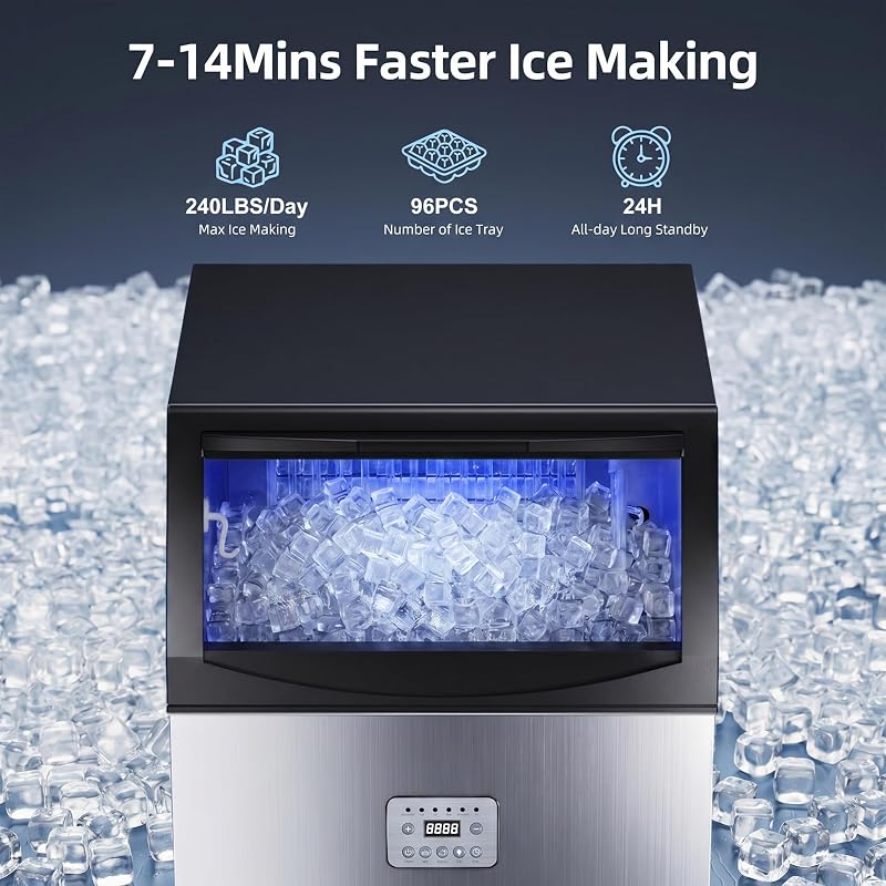 Commercial Ice Maker Machine, 240 Lbs/24H, 96 Cubes in 7-14 Mins, 55 Lbs Storage Capacity, Self-Cleaning Stainless Steel Ice Machine, Under Counter Freestanding Ice Makers for Home Cafe Bar Restaurant image 5