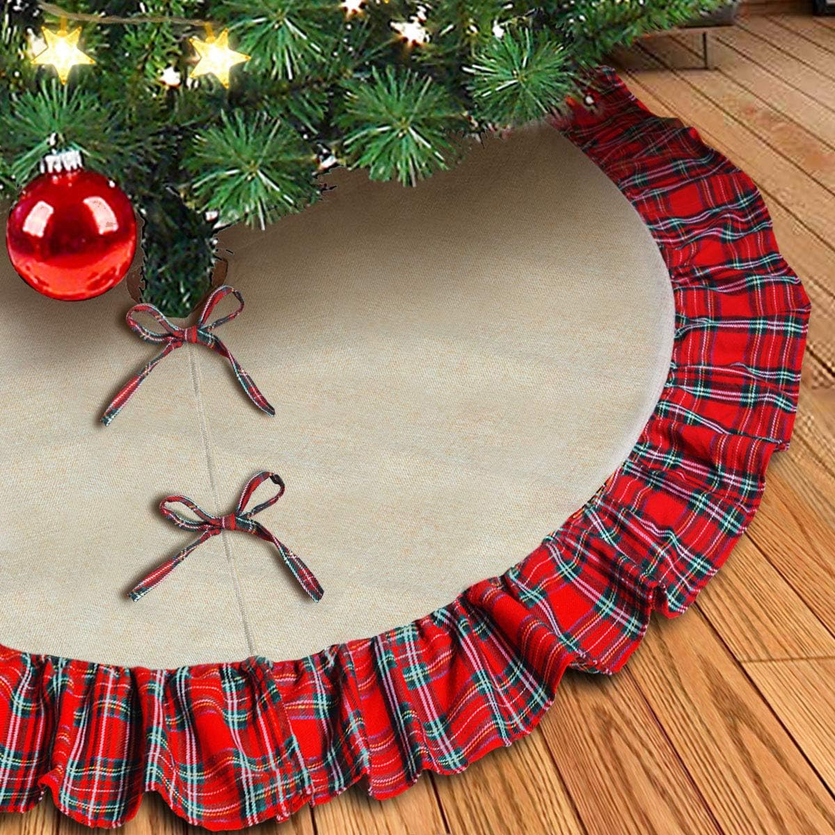 kingleder Natural Burlap Christmas Tree Skirt,48 Inch Large Double Layers Linen Burlap Xmas Tree Mat with Red Black Plaid Ruffle Edge for Christmas Holiday Decoration 2020 Gift Giving