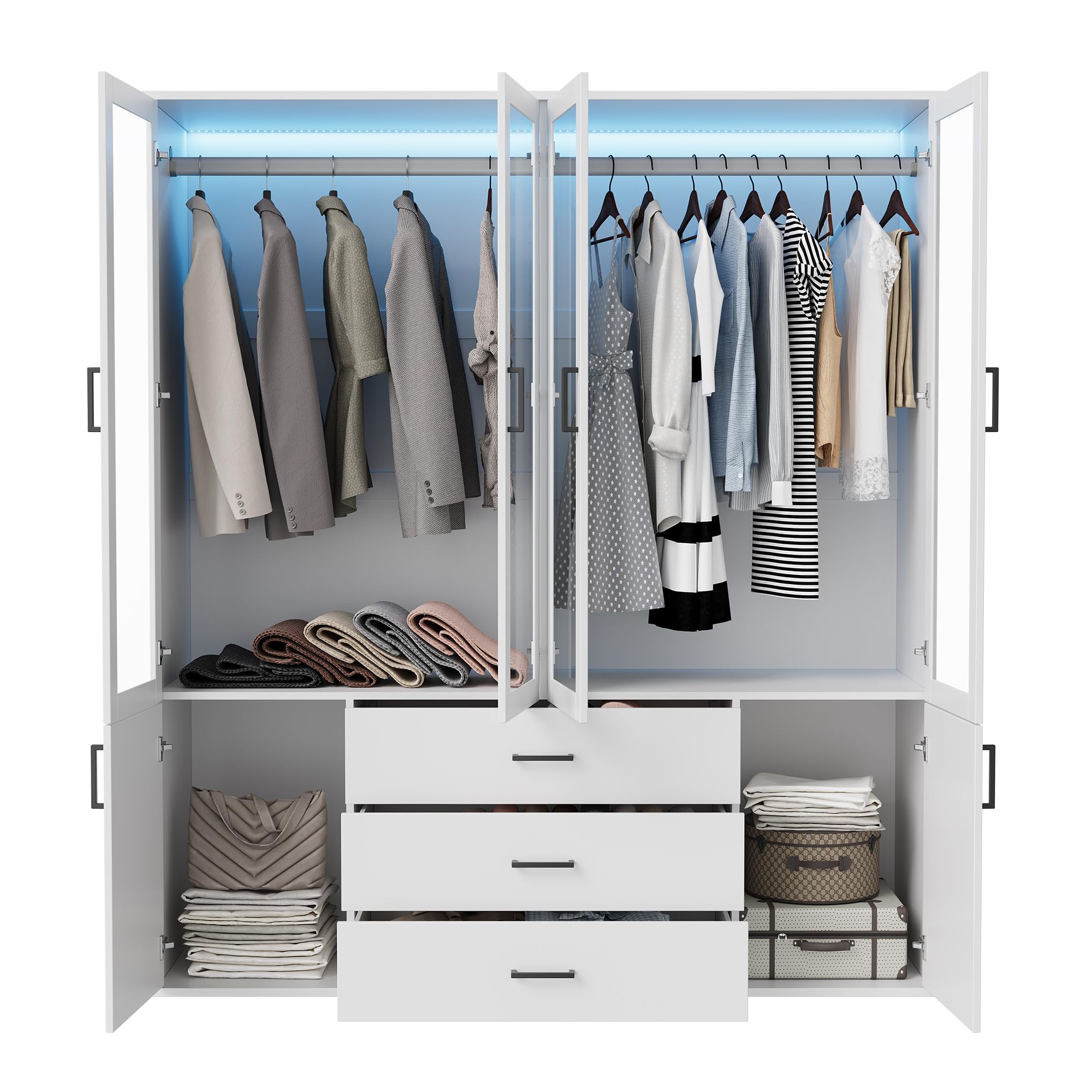 Armadio bianco con LED, 160 cm di larghezza, con porte girevoli, 4 ante in vetro, 2 porte, 3 cassetti, appendiabiti, armadio moderno, per camera da letto