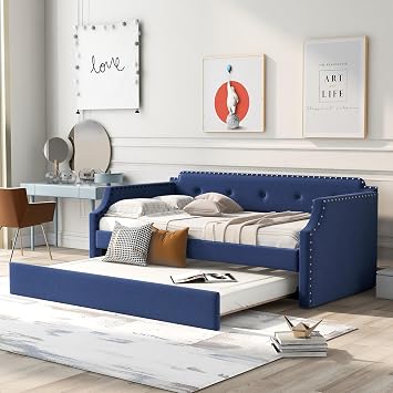 GDFStudio Twin Upholstered Daybed with Trundle, Linen Fabric Sofa Bed Frame with Wood Slats Support, Pull-Out Guest Bed for Living Room Bedroom Apartment, Blue