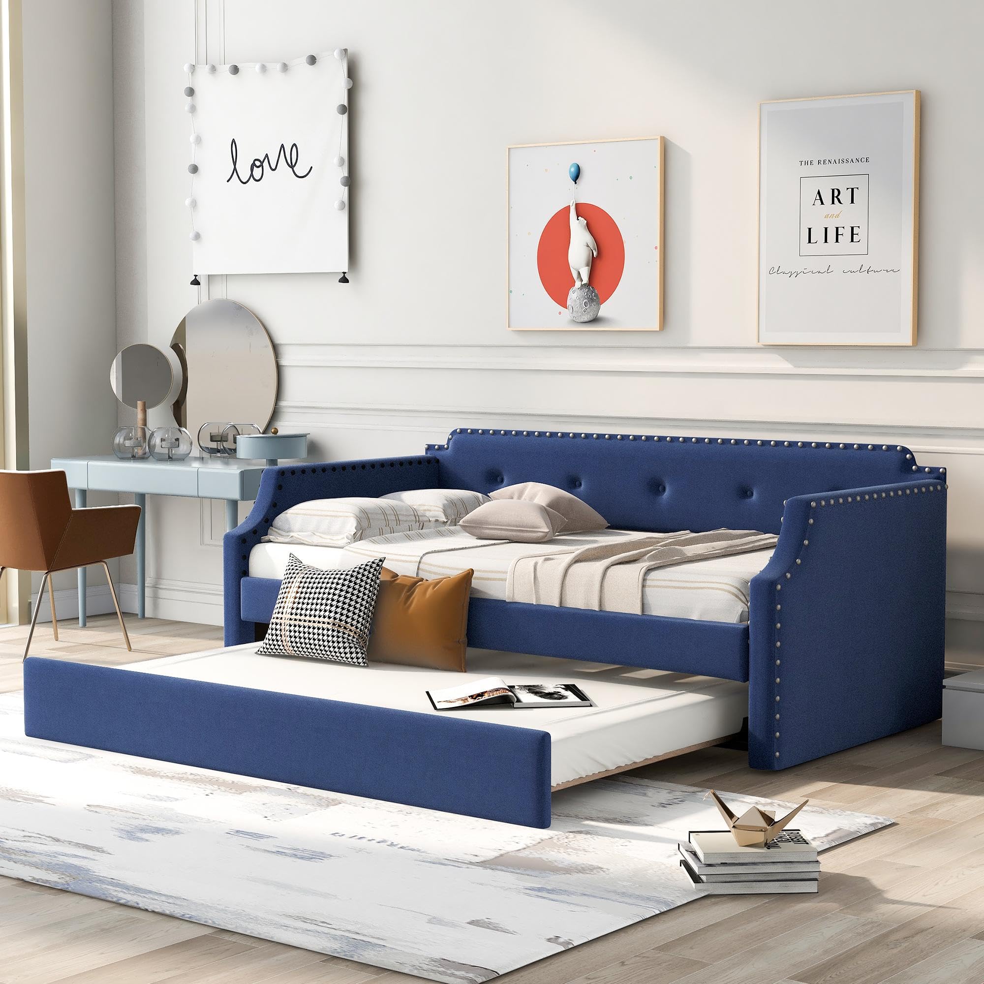 Photo 1 of *** BOX 1OF2, MISSING TRUNDLE PORTION**  - GDFStudio Twin Upholstered Daybed with Trundle, Linen Fabric Sofa Bed Frame with Wood Slats Support, Pull-Out Guest Bed for Living Room Bedroom Apartment, Blue