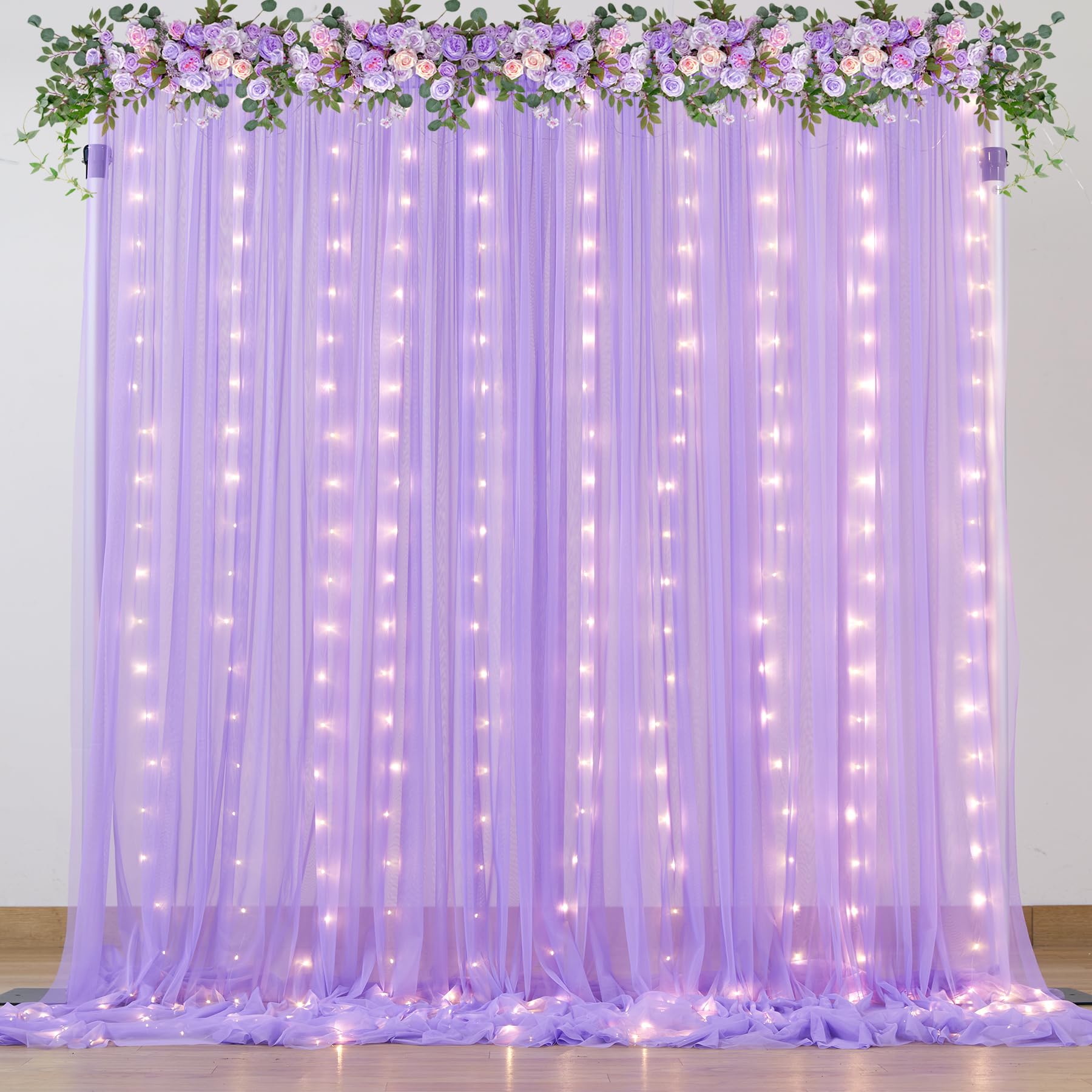Purple Sheer Curtains with Lights String Tulle Curtain for Living Room Bedroom Parites Wedding Birthday Decorations 2 Panels 60" Wｘ84 L
