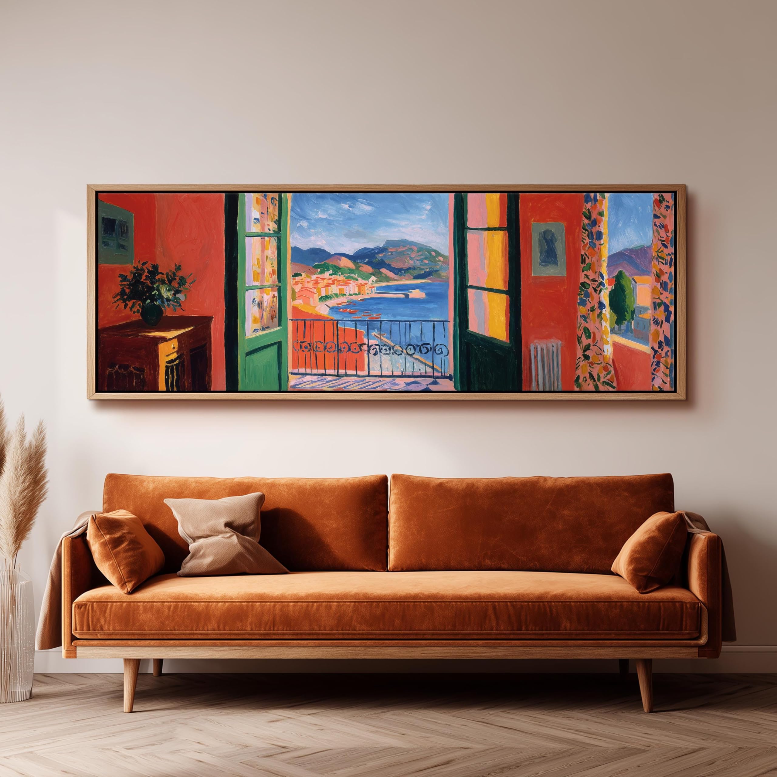XBTYKPB Cuadro de Matisse con vista desde una ventana, lienzo panorámico ancho, obra horizontal alargada, Matisse de gran tamaño, decoración costera para sala de estar (45 x 135 cm, sin marco)