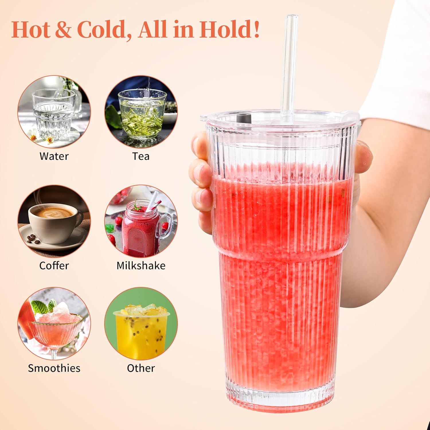 20 oz Ribbed Glass Tumblers With Lids and Straws,Clear Drinking Glasses Set of 4,Reusable Vintage Iced Coffee Cups,Leak Proof Thick Glass Cups for Juice,Cocktail,Smoothie,Beer,Boba - Image 5