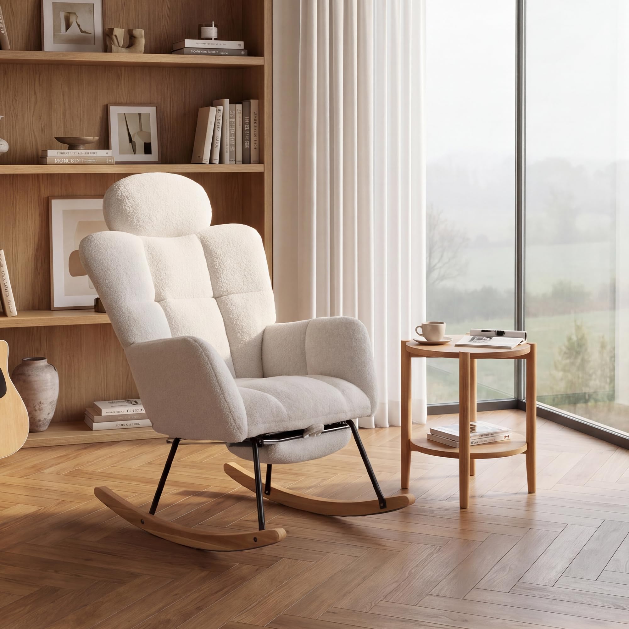 DEKKETO Fauteuil à Bascule - Rocking Chair avec Appui-tête & Repose-Pieds, Fauteuil Relax Scandinave en Tissu Bouclette, pour Salon, Allaitement, Chambre, Pieds en Bois Massif, Blanc