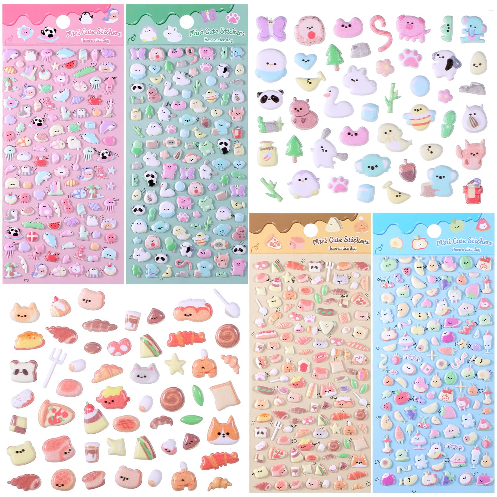 Hadnves 4 Sheets Cute Mini Puffy Stickers 3D Tiny Micro Sticker Removable Adorable Small Stickers Reusable Puffy Cartoon Kawaii Fruit Animal Sticker for Book Phone Case Craft Notebook Planner