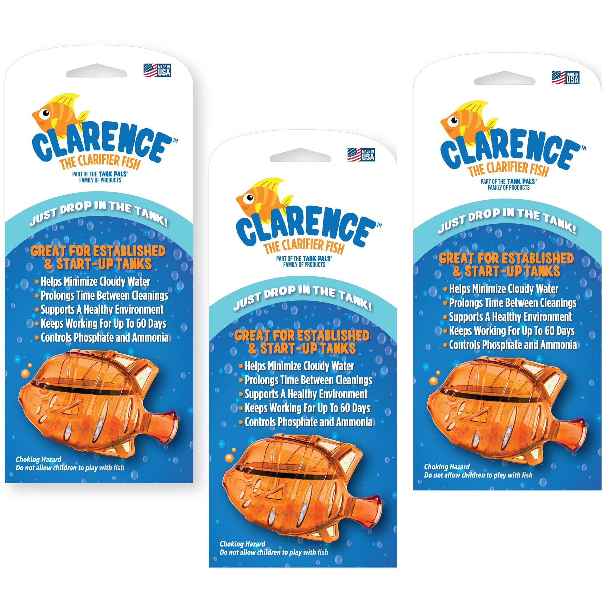 Clarence the Clarifier Fish Chiarificatore per acquario, trattamento dell'acqua trasparente e nuvoloso, sicuro per pesci e piante d'acqua dolce e salata, arancione, confezione da 3