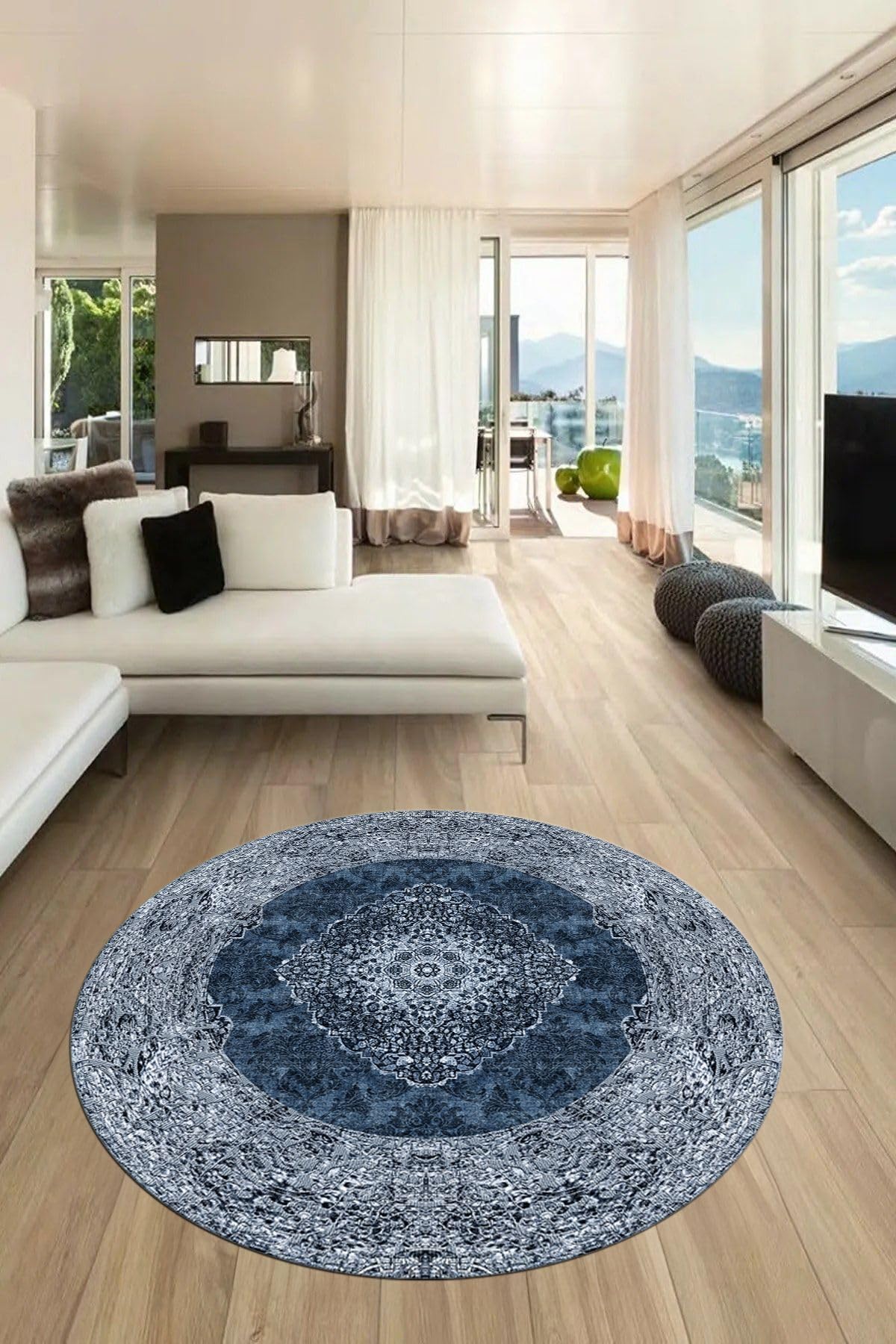 Evdeya Baskılı Kaymaz Yıkanabilir Göbekli Klasik Desen Yuvarlak Salon Halısı Y-KLASİK-07, Mavi, 160 x 160