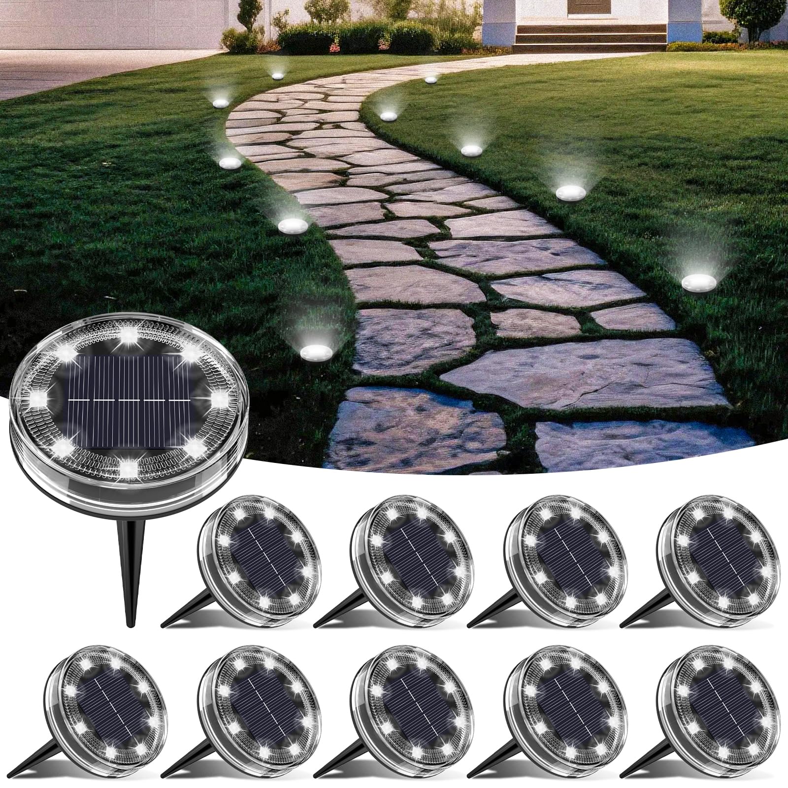 LOTMOS Solar Lights Outdoor Garden, 10 Pack 8 LED Solar Ground Disk Light, IP65 Waterproof Garden Lights for Pathway Lawn Yard Patio Landscape Walkway (Cool White)
