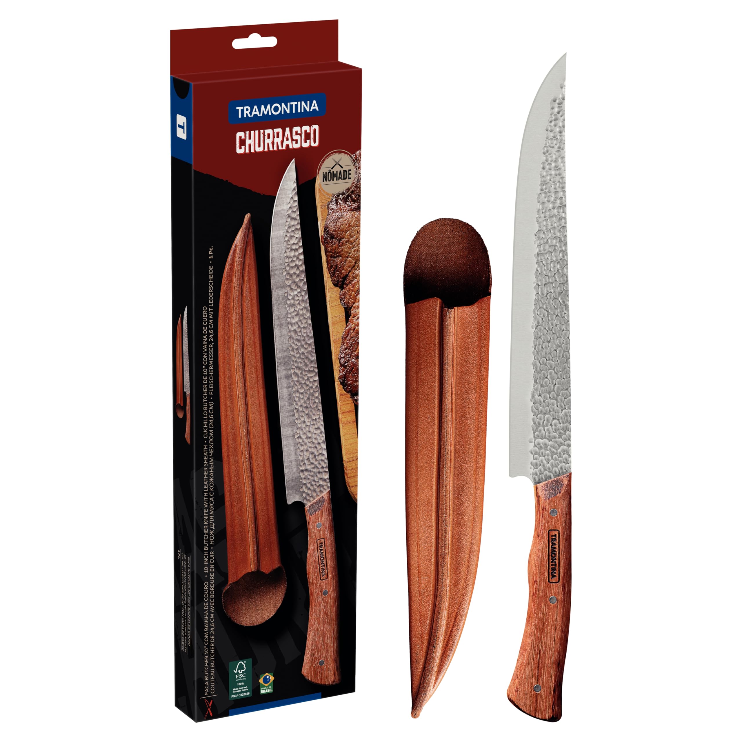Tramontina NÔMADE Fleischmesser, Edelstahl AISI 420, 25 cm Klinge, Hammerschlag-Finish, FSC-Holzgriff, mit Leder-Etui, Tranchiermesser, BBQ, Grill