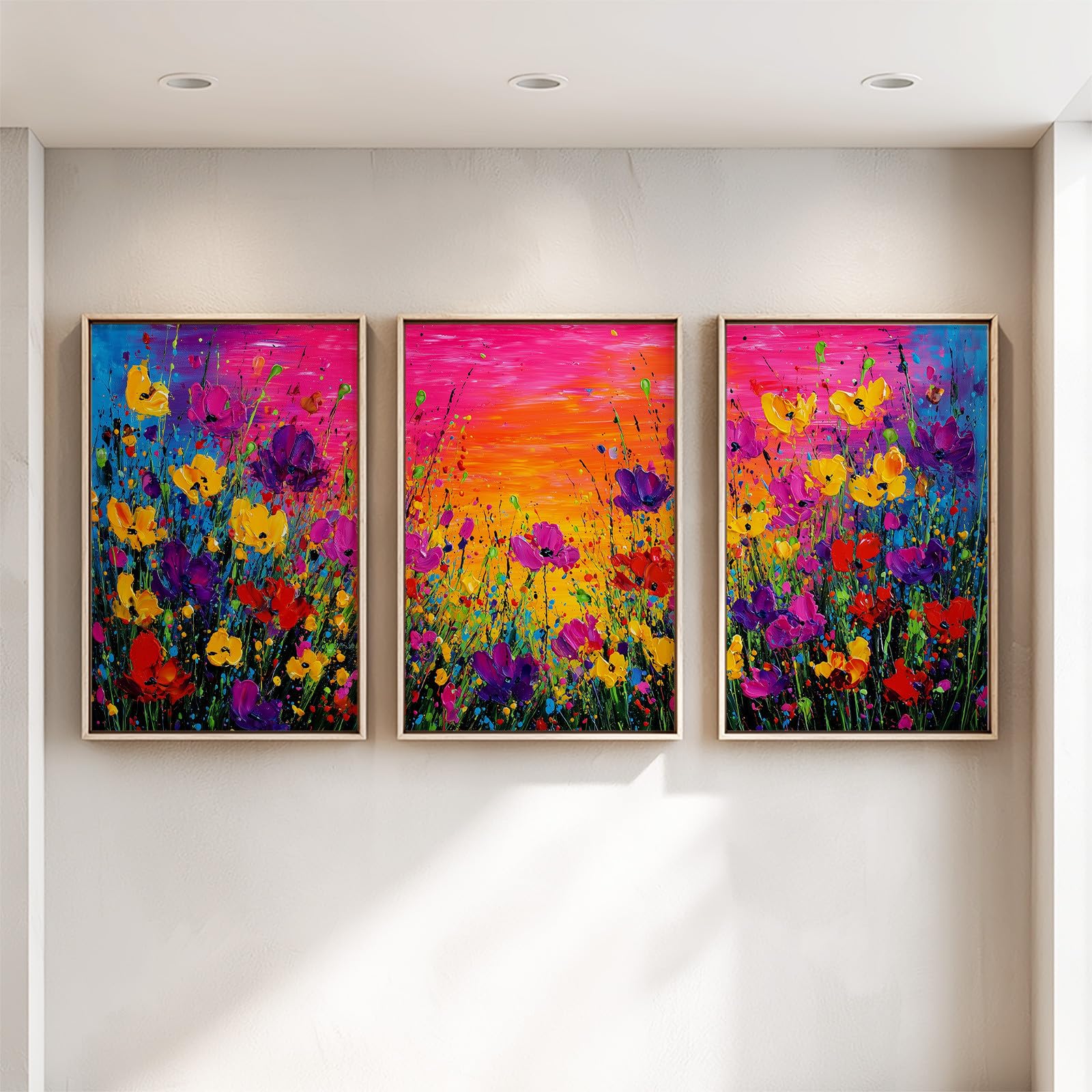 Generisch 3-teiliges Wandbild Leinwand Set 50 x 70 cm, Ohne Rahmen Triptychon Ästhetische Kunstdrucke Ölgemälde Floral für Wohnzimmer & Schlafzimmer, Blume Wildgras Farbig Sonnenuntergang Himmel
