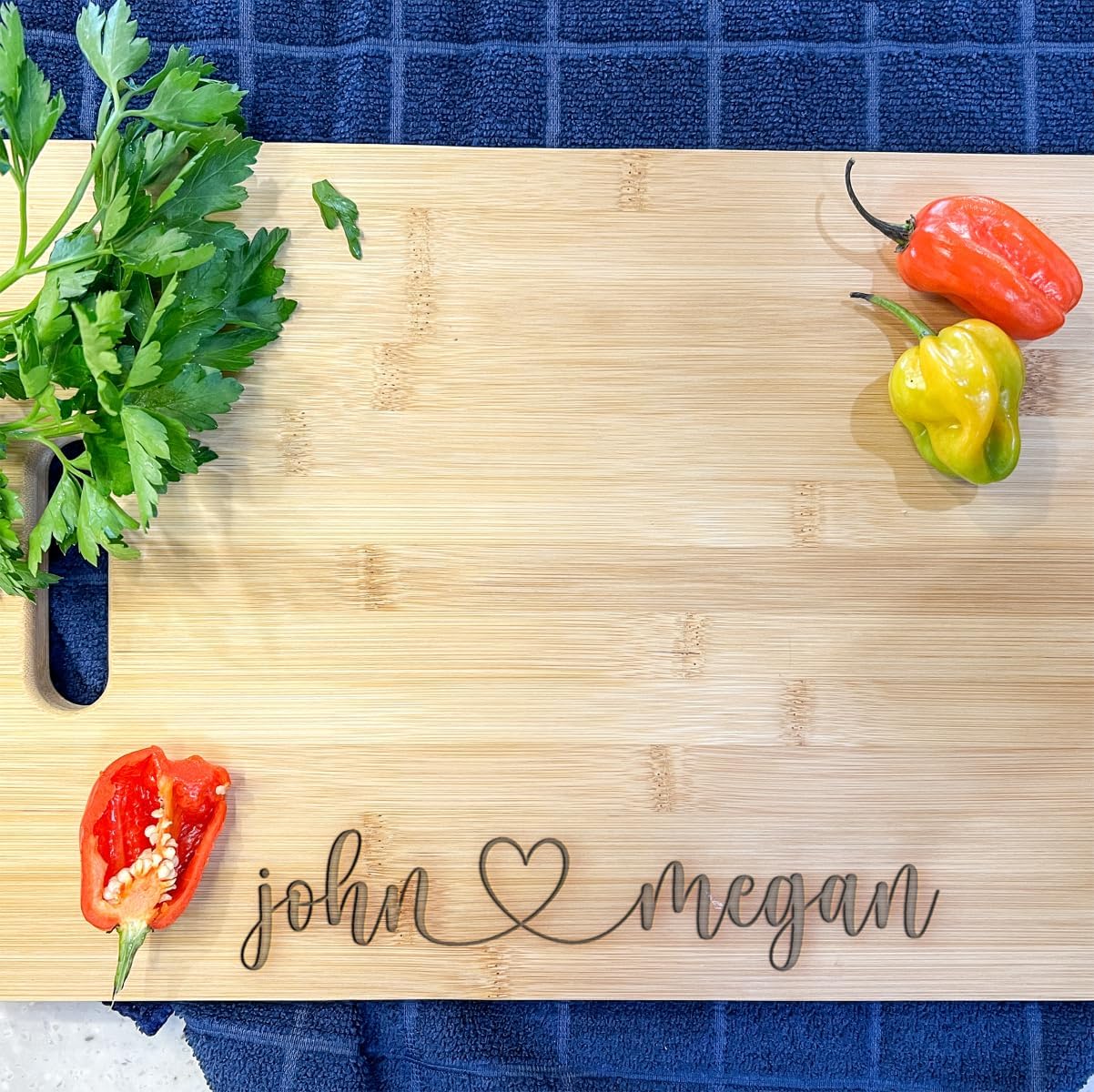 Engraved Rectangular Bamboo Wood Cutting Charcuterie Board Personalized Gift New Couple, Parents, Anniversary, Housewarming, Hostess, Engagement - Names and Heart - Made in CT, USA.
